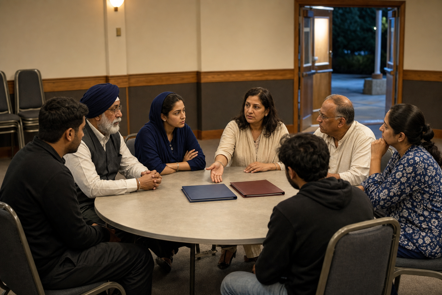 Hindu temple representatives and Sikh community leaders hold a serious round-table discussion in a community hall.