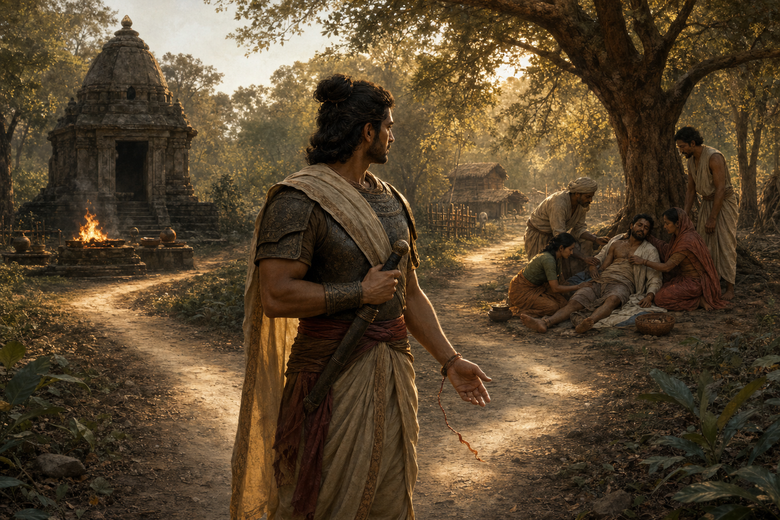 A restrained warrior pauses at a fork between a solitary shrine and villagers helping an injured traveler beneath a tree.