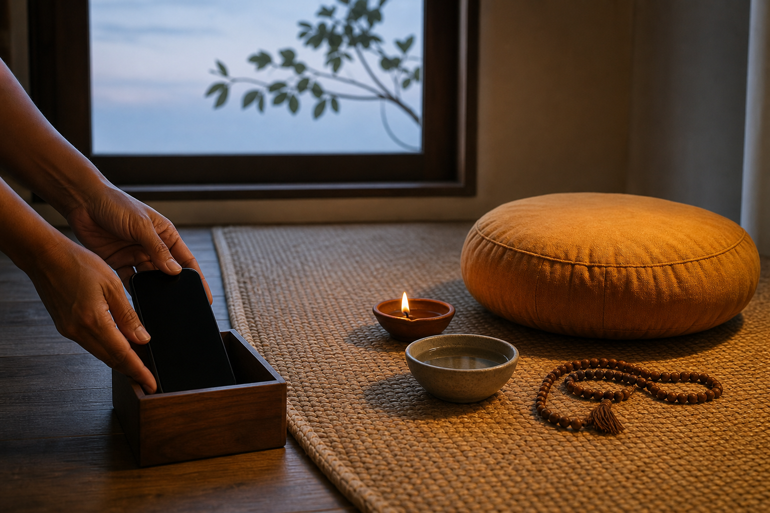 Hands place a dark smartphone in a wooden box beside a woven mat holding a meditation cushion, an oil lamp, a water bowl, and prayer beads.