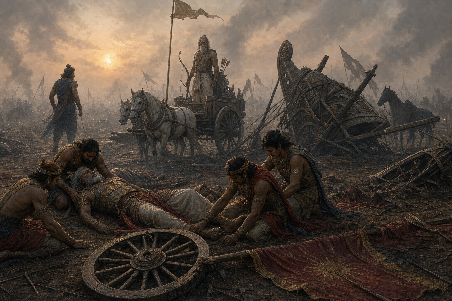 Panchala soldiers gather around the fallen Drupada and his broken chariot while Drona remains on the battlefield and Dhrishtadyumna watches from a distance.