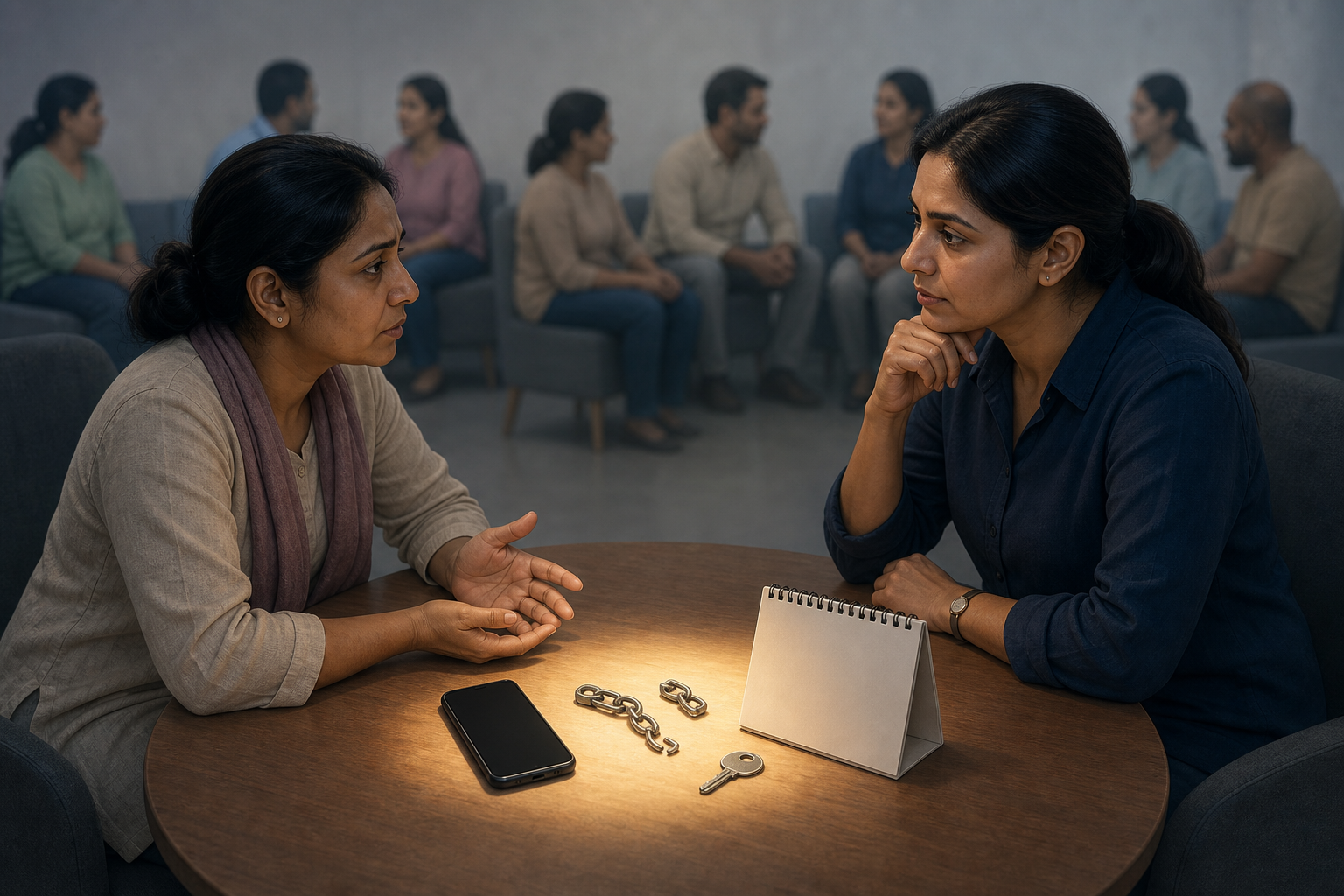 A woman speaks with a support professional beside a phone, key, and broken chain used as neutral symbols of possible controlling behavior.