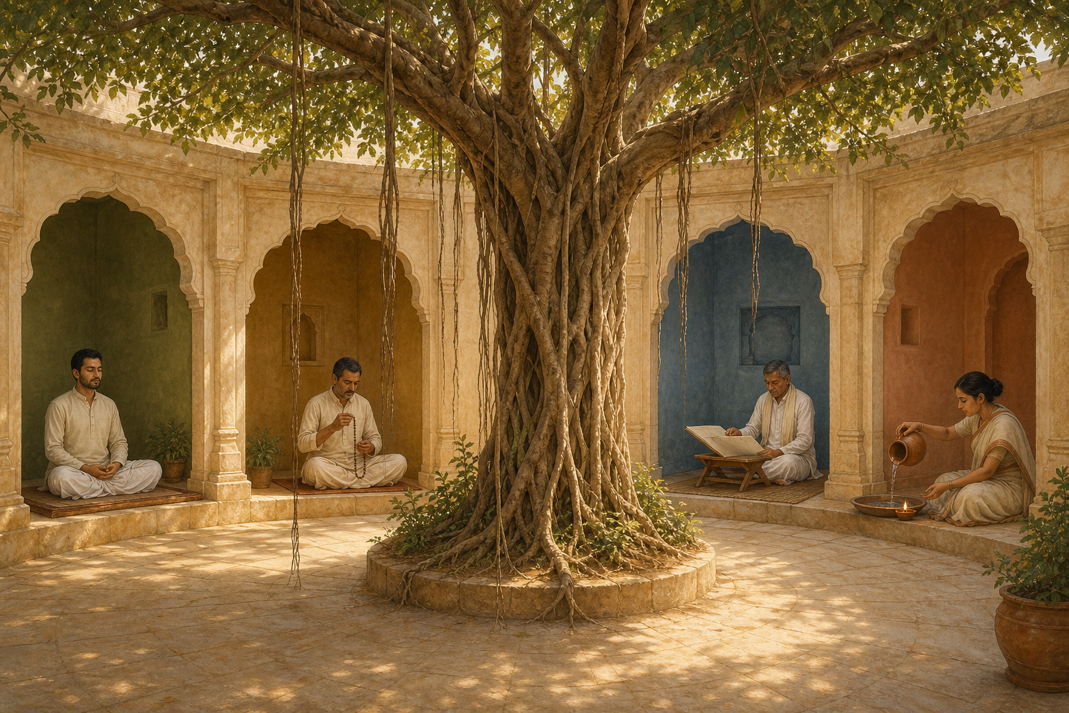 Four practitioners perform different disciplines in separate alcoves around a courtyard, beneath the shared canopy and separate roots of a banyan tree.
