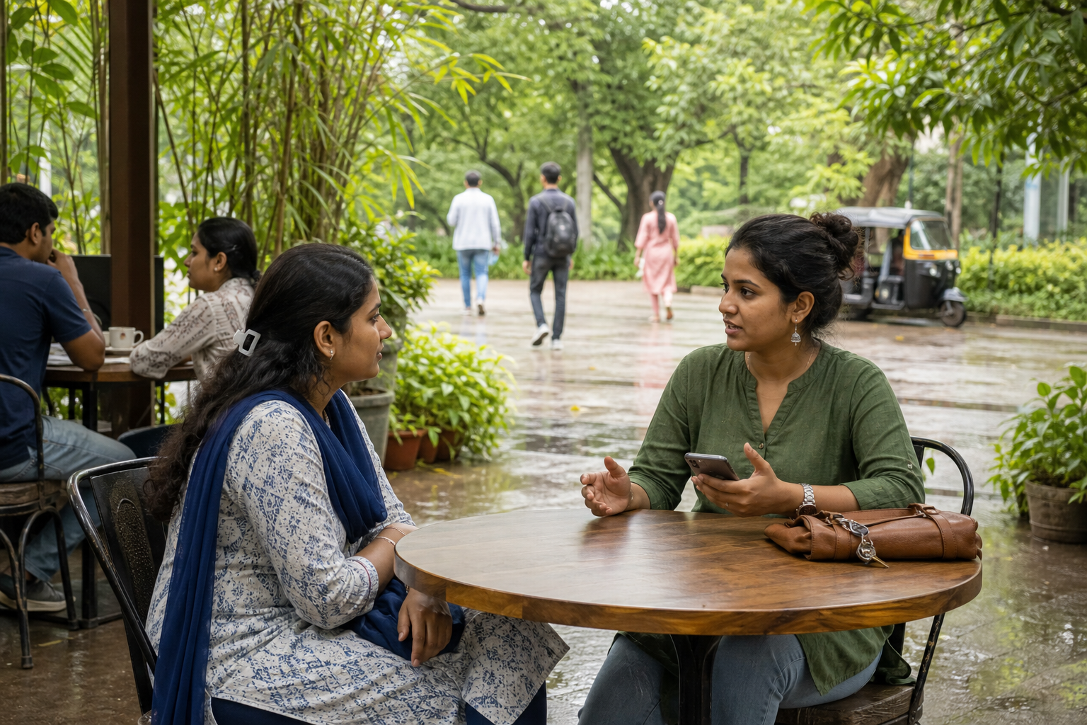Two adult women have a calm, private conversation at the edge of a public garden cafe, with a clear exit and transport visible nearby.