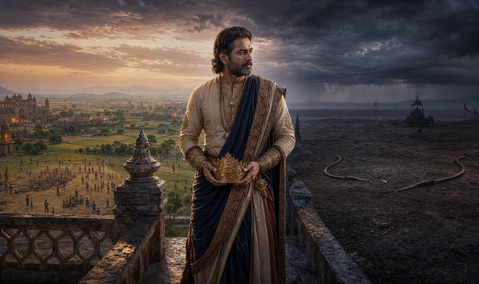 Drupada stands between a peaceful view of Panchala and a shadowed training ground containing abandoned weapons, contemplating his responsibilities and feud.