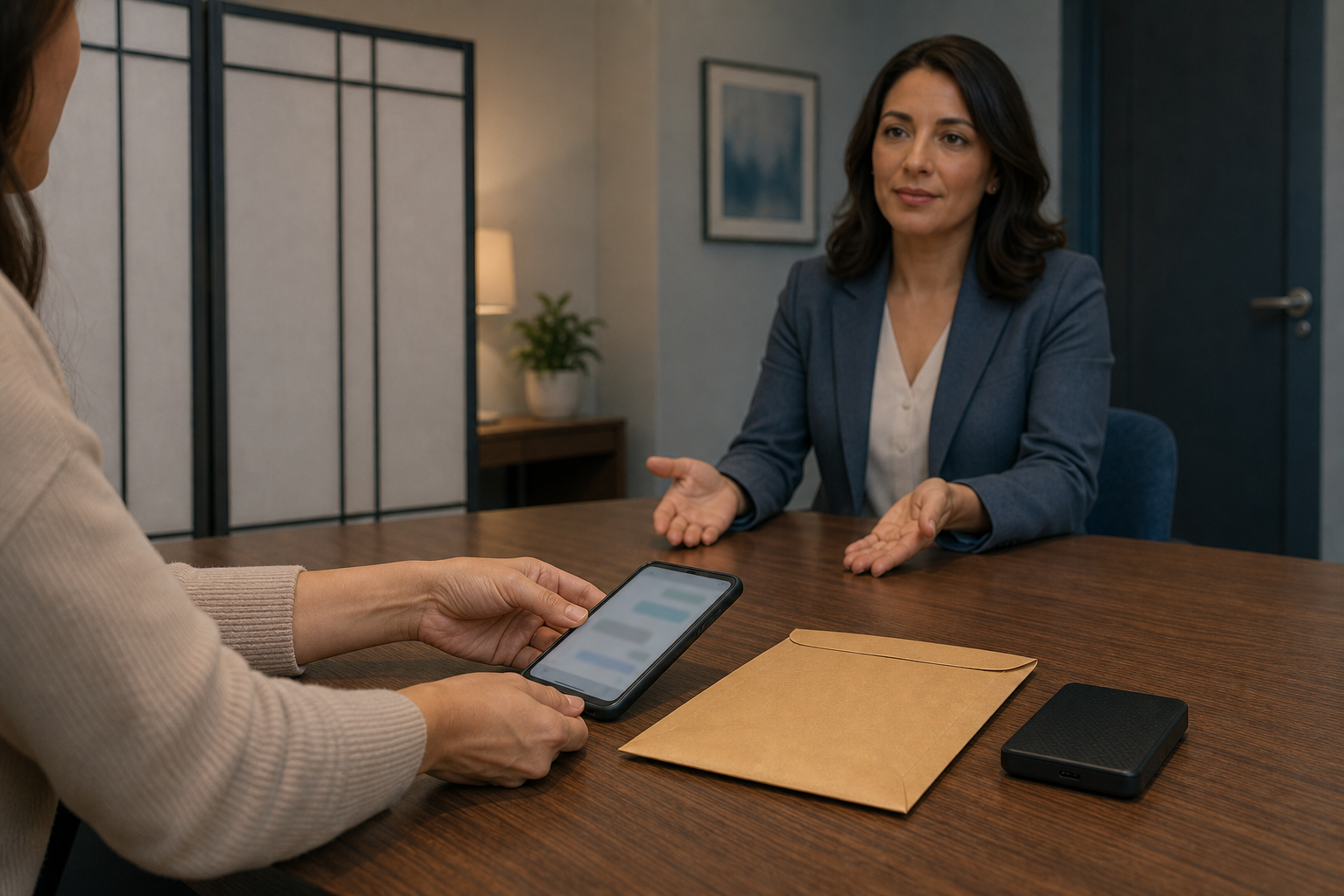 A woman places her phone beside a plain evidence envelope while a legal support worker waits across a private consultation desk.