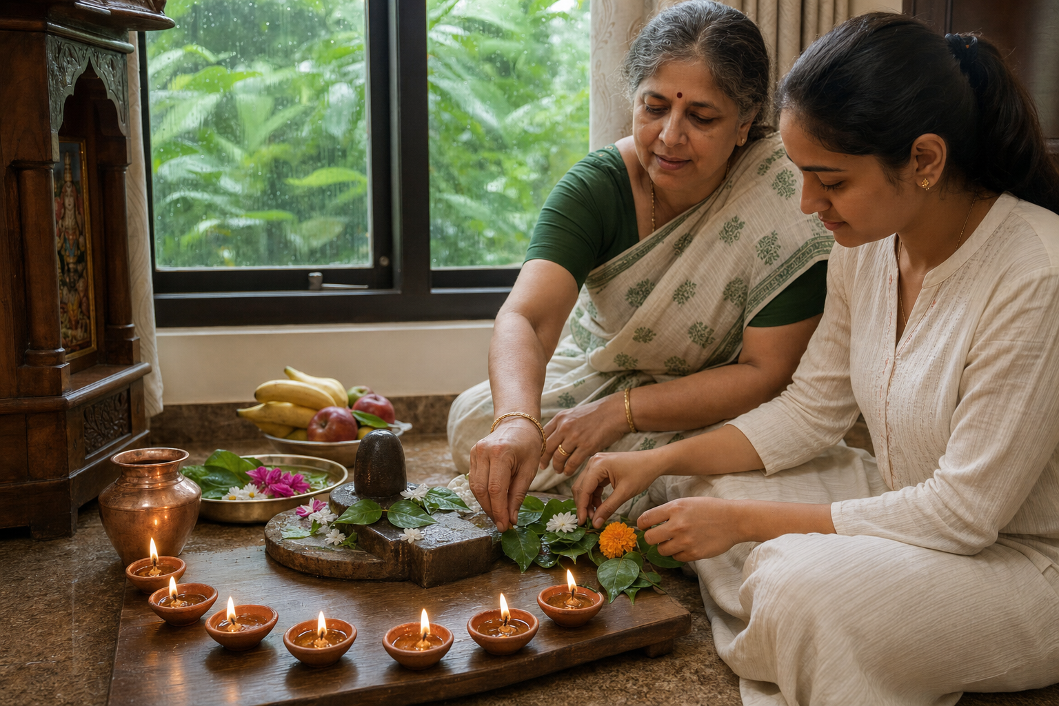 An elder and a younger family member arrange water, bilva leaves, flowers and fruit beside a Shiva lingam and seven oil lamps.