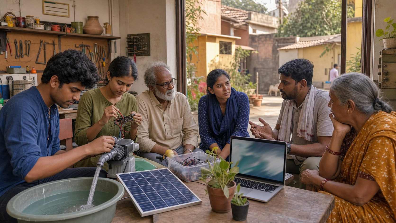 Young adults, experienced mentors, and a local resident collaborate around a solar water pump in a community workshop.