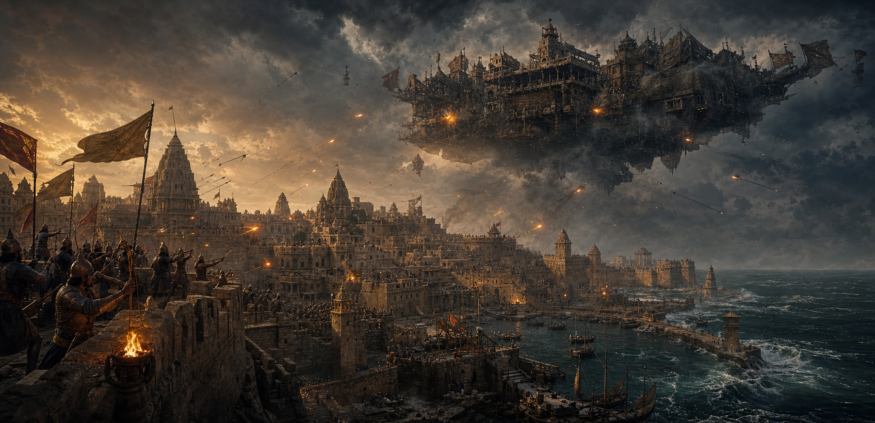 An enigmatic airborne stronghold attacks the fortified coastal city of Dwarka through storm clouds as defenders respond from the walls.
