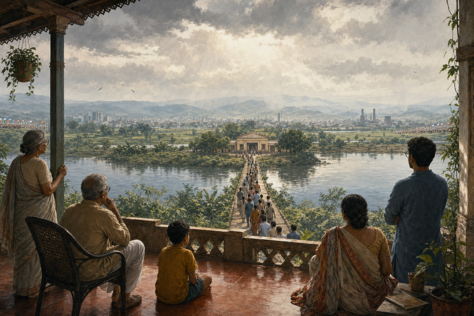 A Bengali family observes distant campaign activity while voters follow a central path toward a polling station across a landscape of city, farmland, industry, river, and hills.