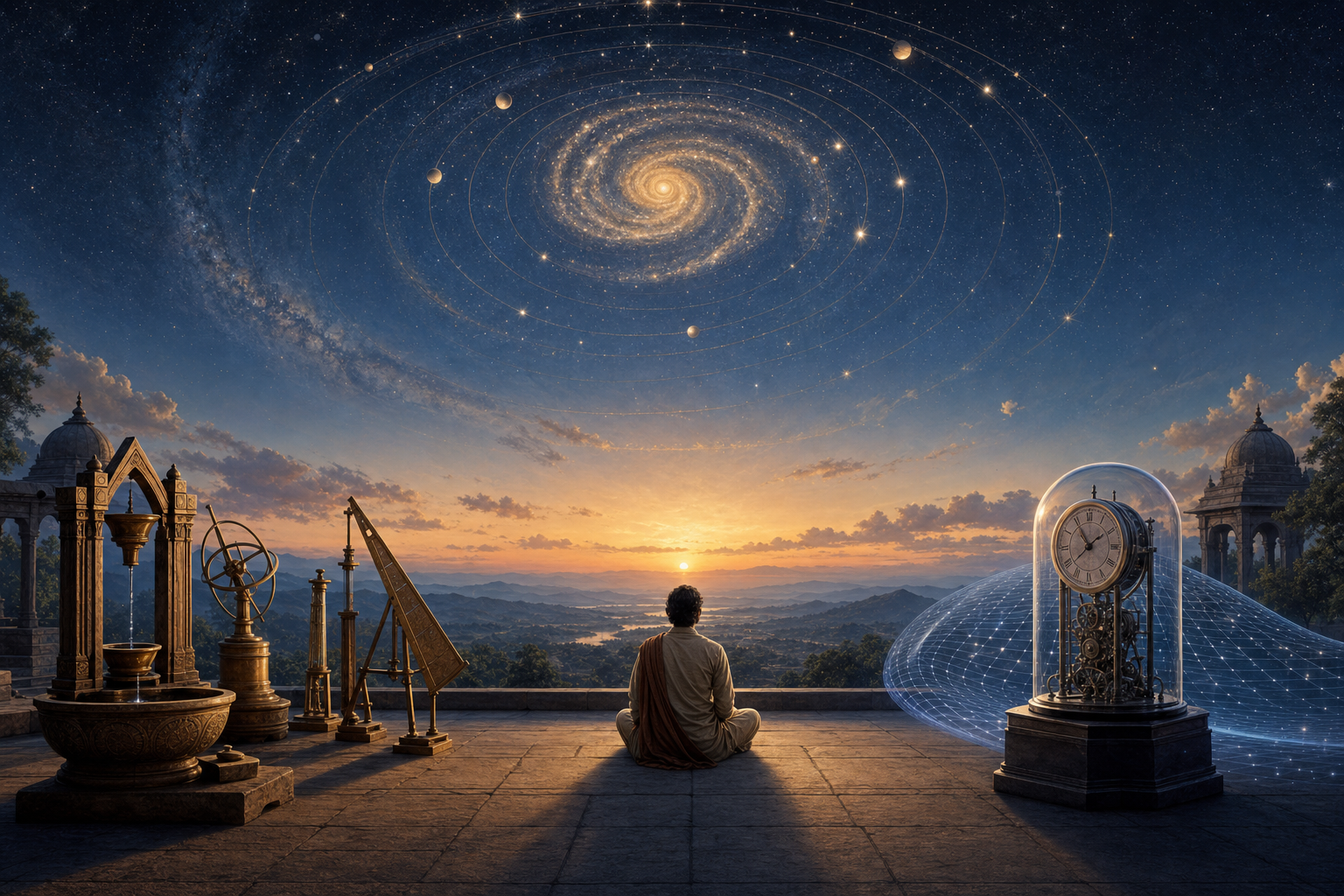 A seated observer between an ancient water clock and modern precision clock beneath a sky of spiraling stars and celestial cycles.