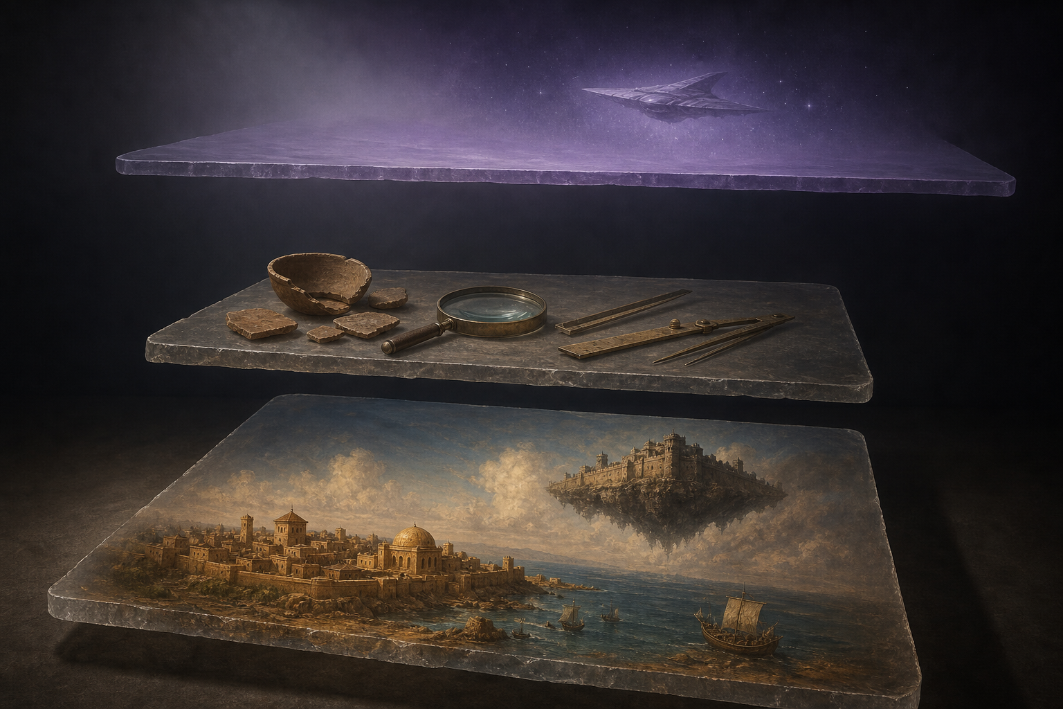Three separated visual layers show an ancient city and airborne fortress, scholarly tools, and a faint speculative craft among stars.
