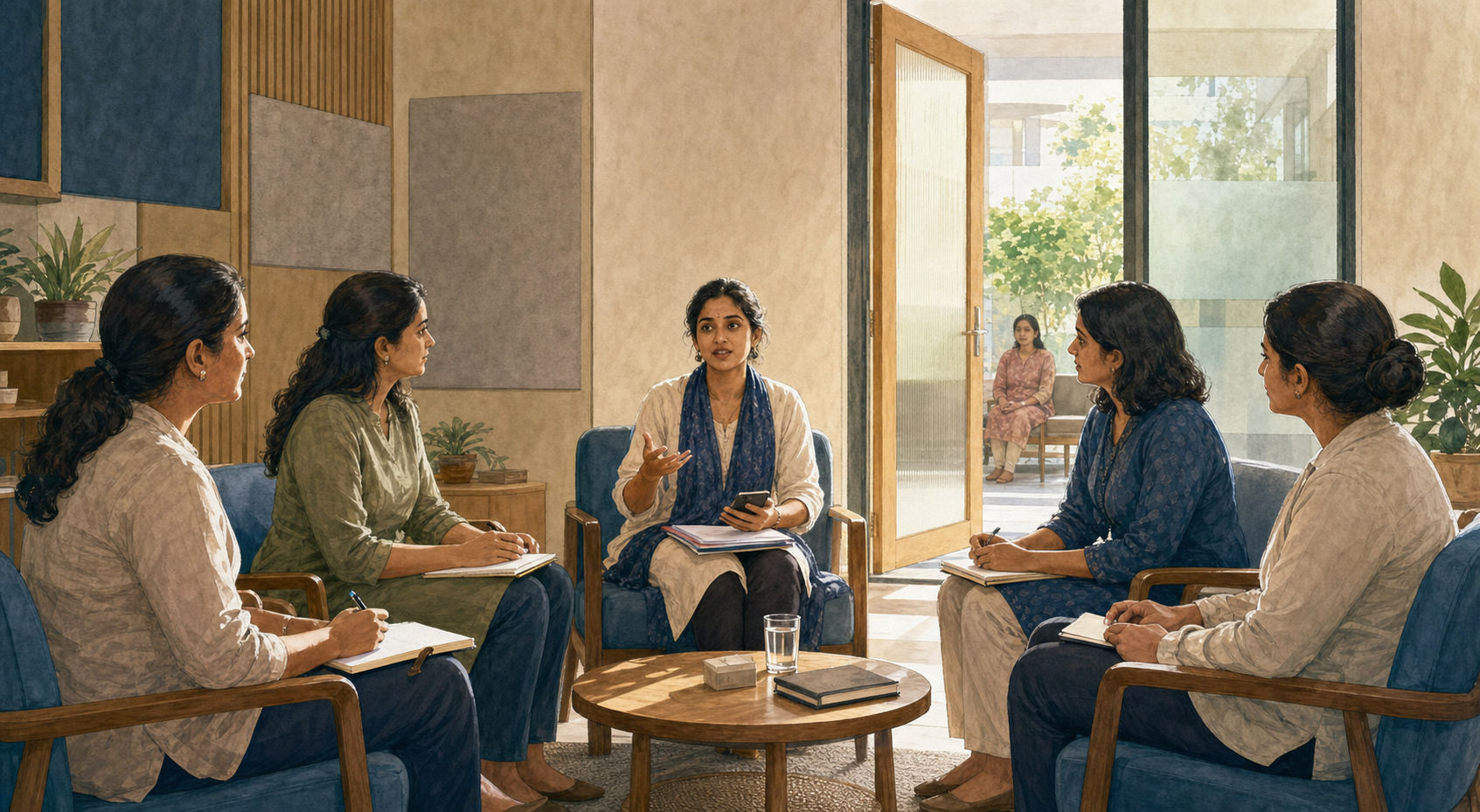 A woman leads a private conversation with a counselor, lawyer, medical professional, and safety officer in a welcoming support center.