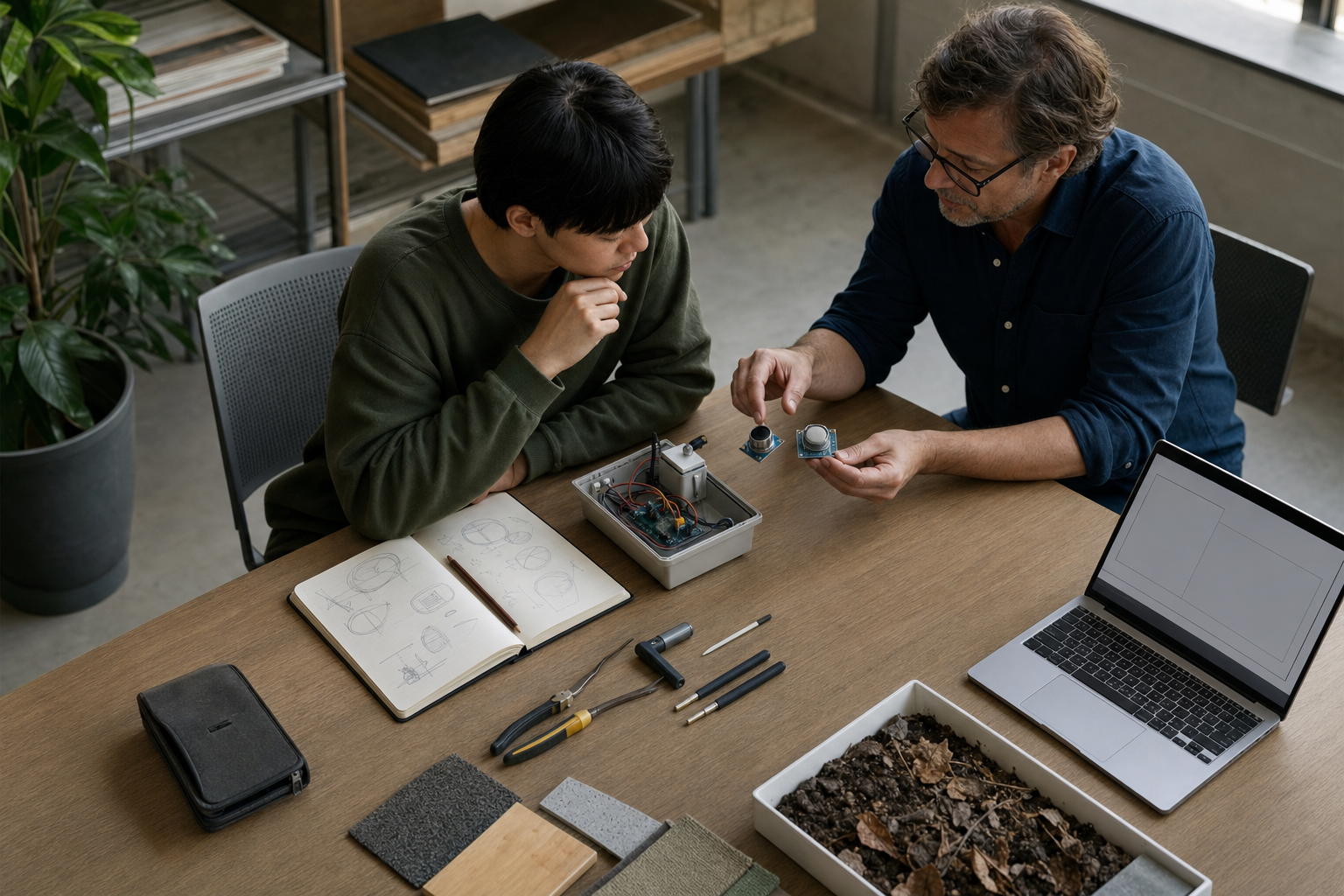 A learner and mentor compare components for an environmental sensor at a worktable filled with technical and field materials.