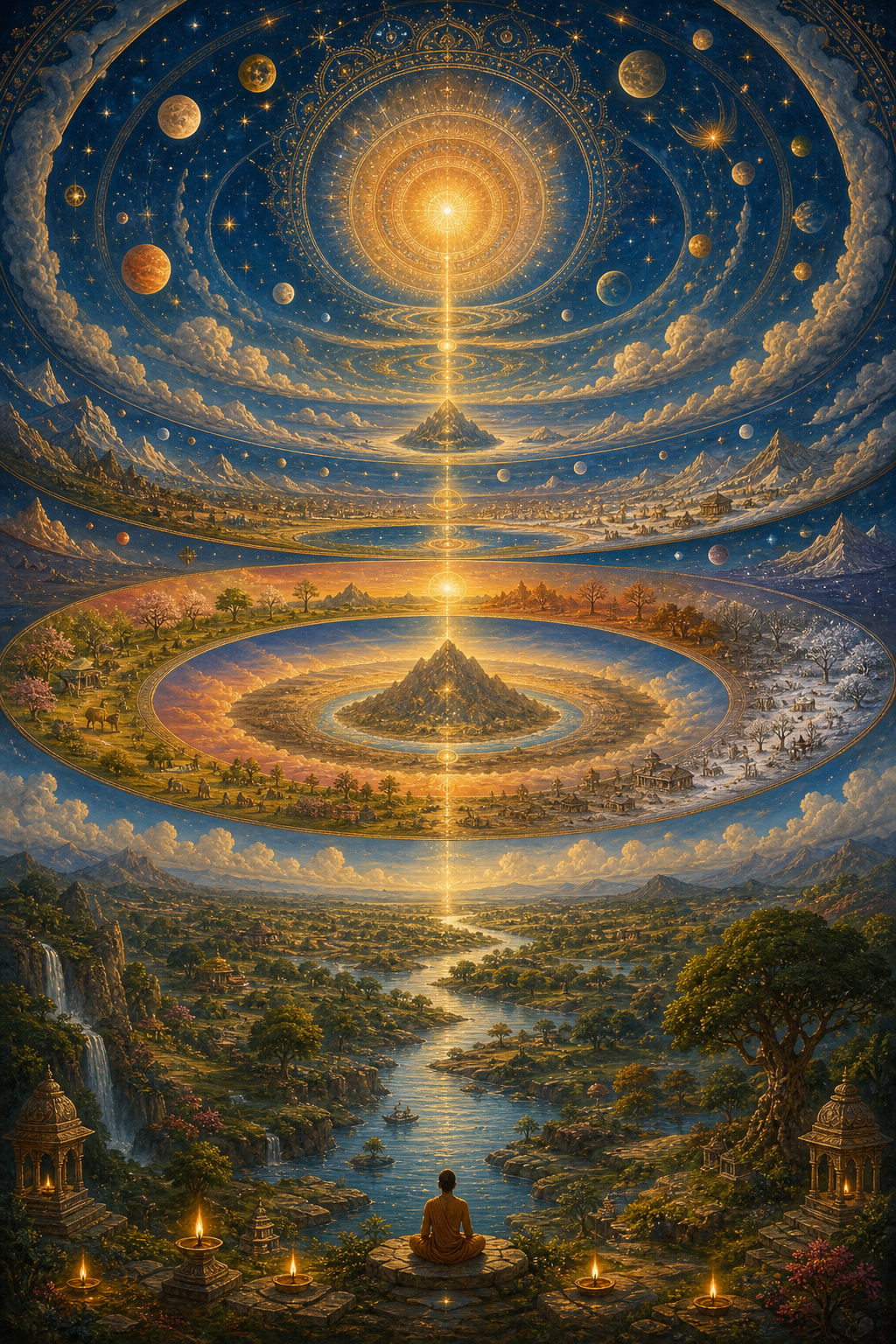 Concentric celestial regions and repeating seasonal landscapes surround a luminous central axis above a river valley.
