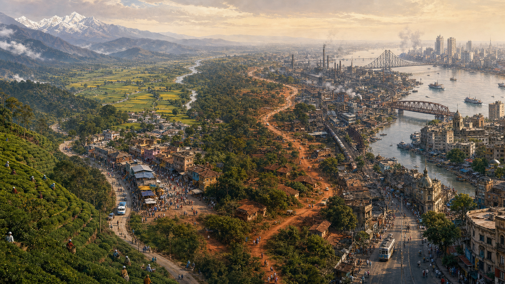 A panoramic illustration connects Himalayan foothills, northern plains, laterite villages, an industrial river belt, and Kolkata through one continuous West Bengal landscape.