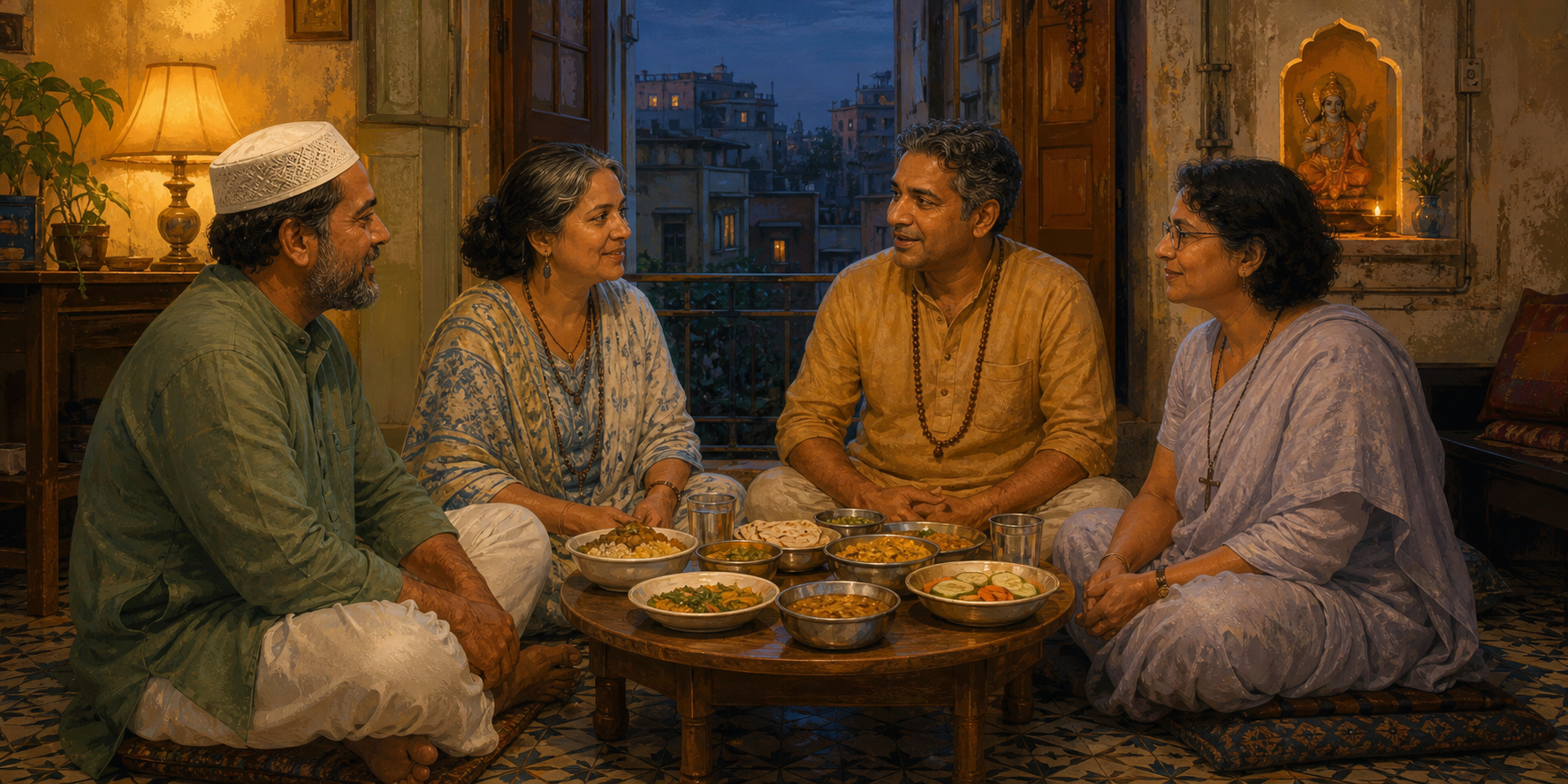 Four neighbors from different religious traditions share a meal and conversation in an older Bombay apartment with a small Krishna shrine.