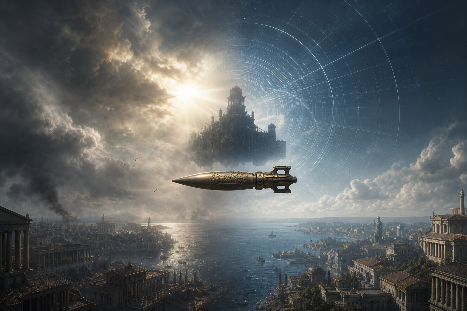 The same airborne fortress appears through storm mist and illusion on one side and speculative mechanical distortion on the other.