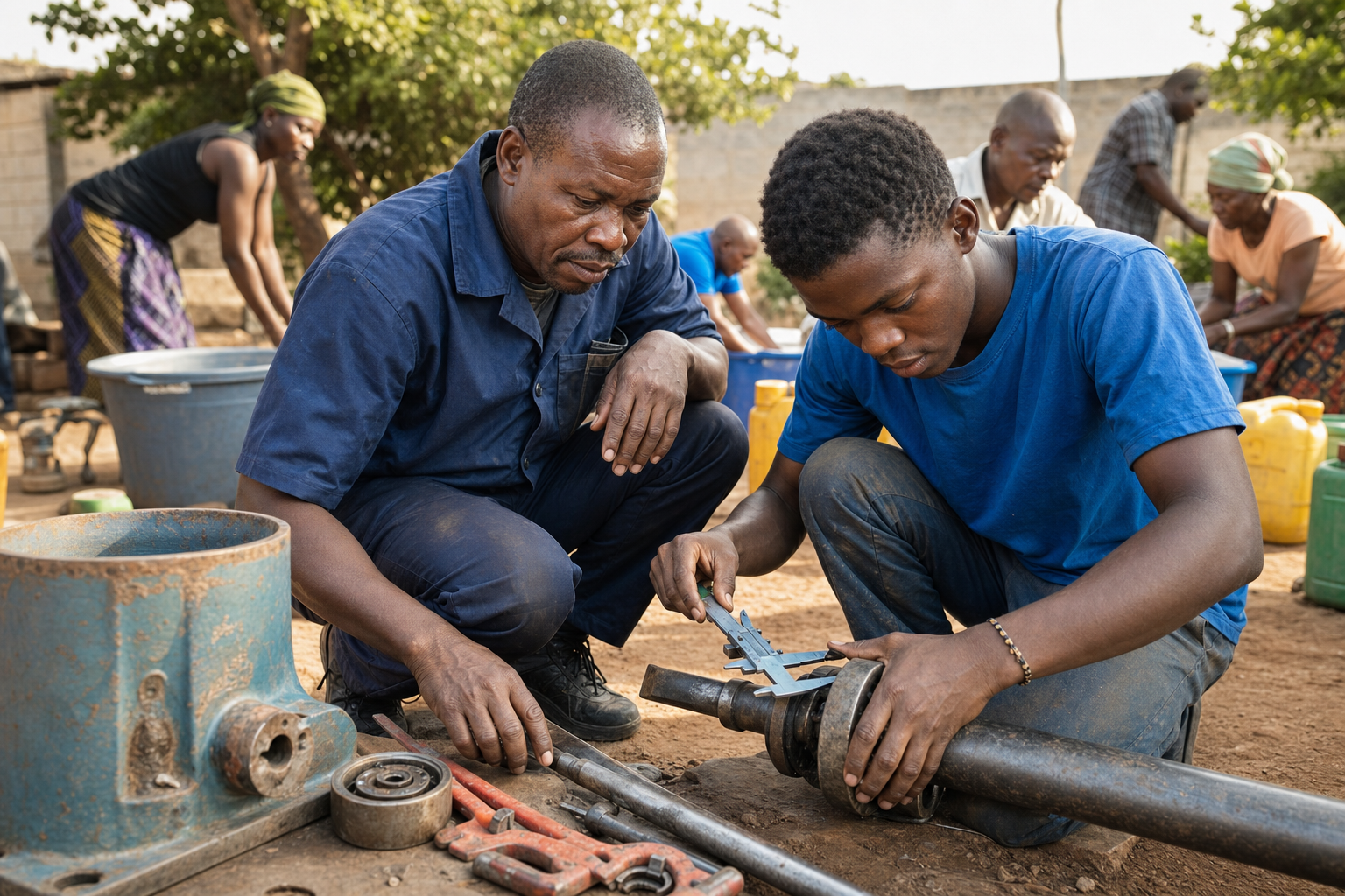 A technician guides a younger volunteer repairing a community water pump while residents sort the cleaned parts nearby.