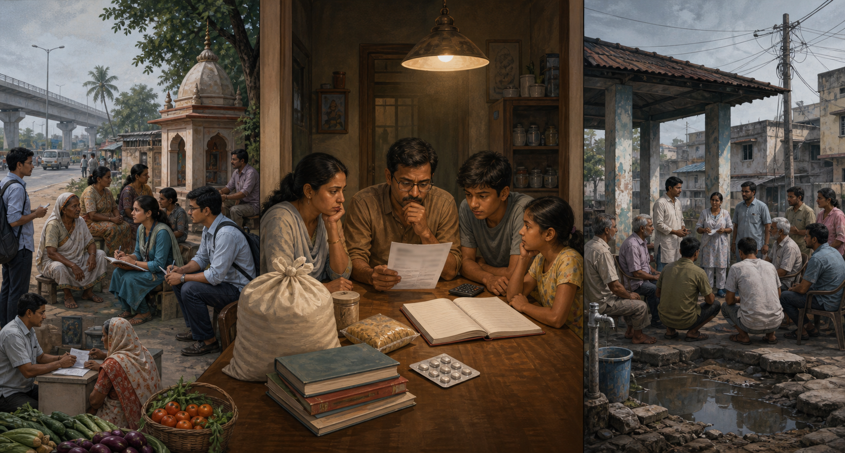 Anonymous campaign workers engage residents on opposite sides of a neighborhood while a household considers food, education, health, utility, and livelihood concerns at a table.
