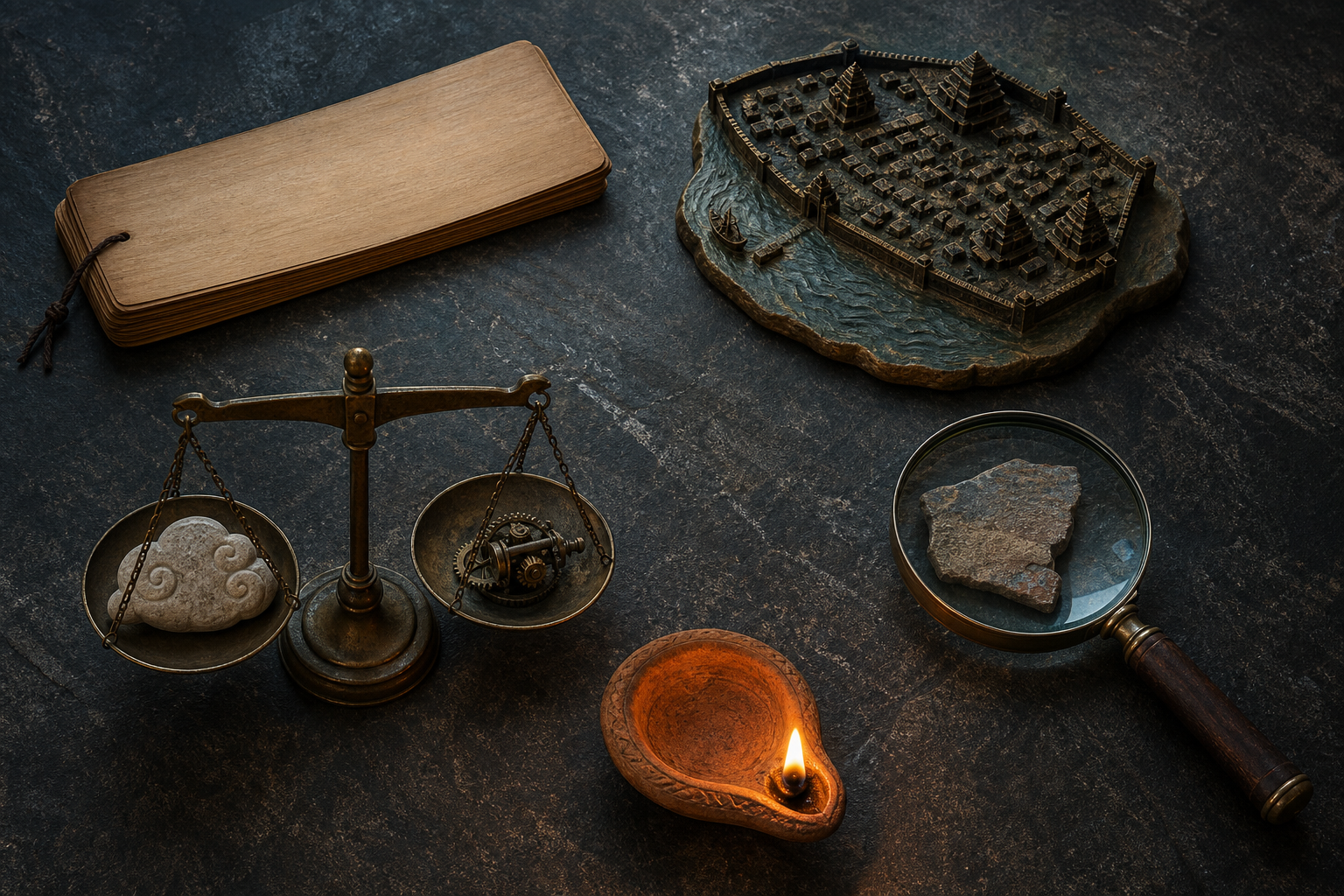 Five evidence-related objects, including a blank folio, city model, magnifying lens, balance scale, and clay lamp, rest on a stone table.