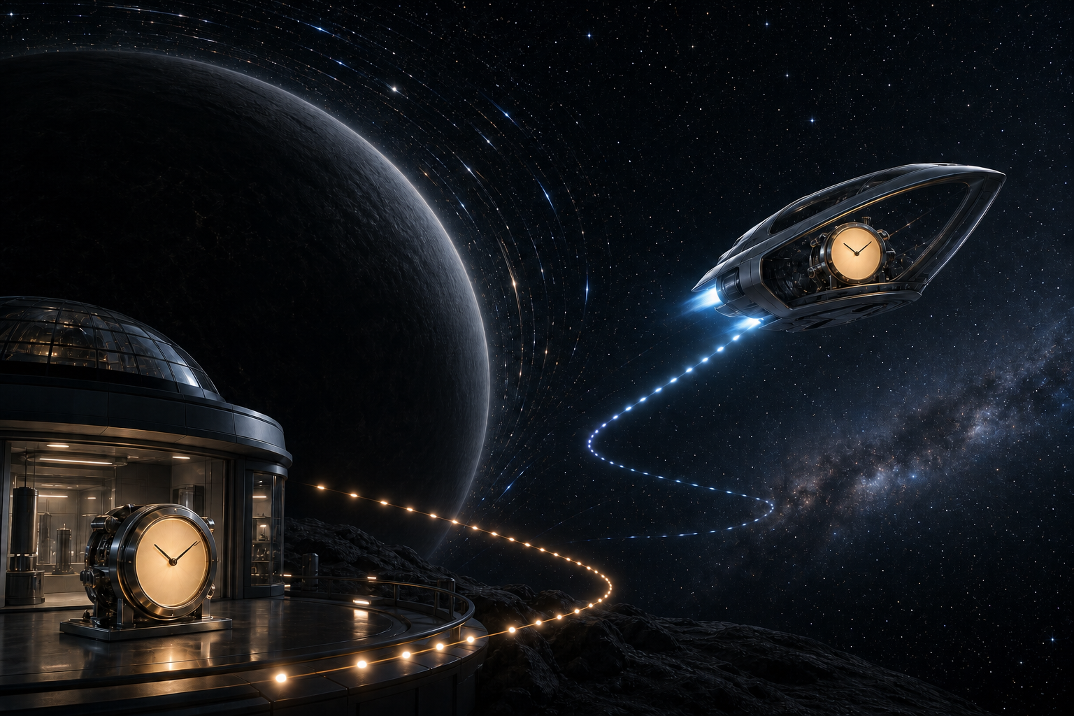 Two unmarked clocks follow different paths near a massive sphere and a spacecraft as light bends through the surrounding star field.