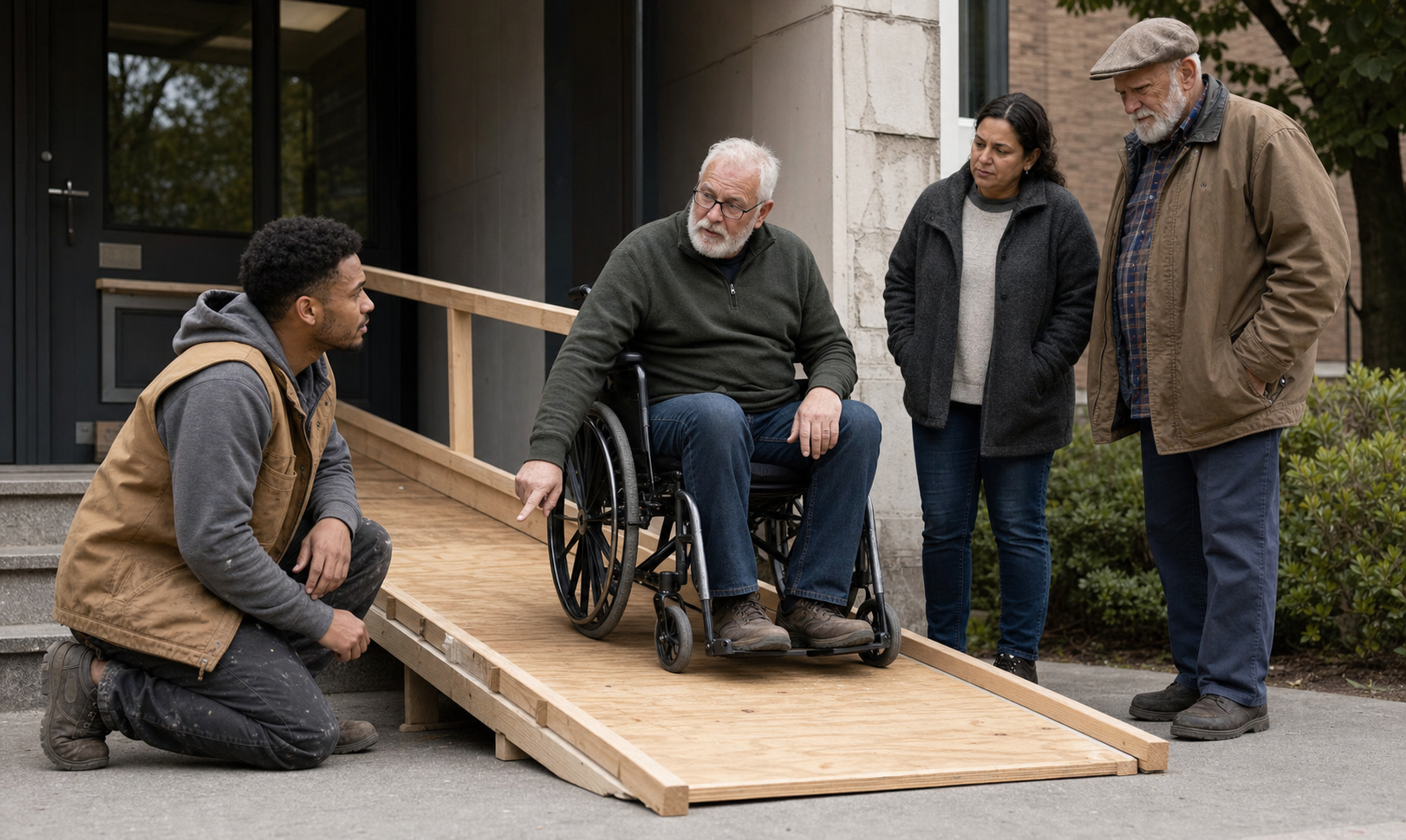 A builder listens to a wheelchair user while reviewing a temporary accessibility ramp with community members.