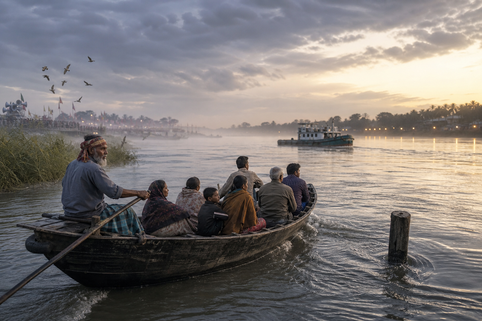 A boat carrying ordinary passengers crosses a tidal river by reading currents, weather, birds, traffic, and shoreline activity while distant rallies blur into the background.