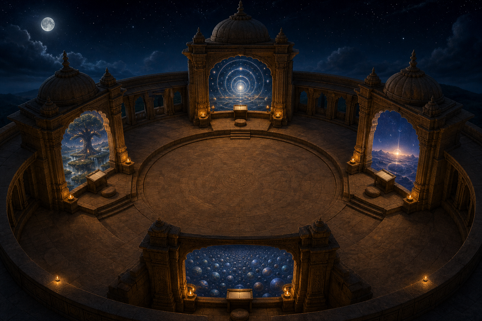 Four viewing stations in a moonlit pavilion face different visions of cosmic rings, a branching world, recurring creation and many worlds.