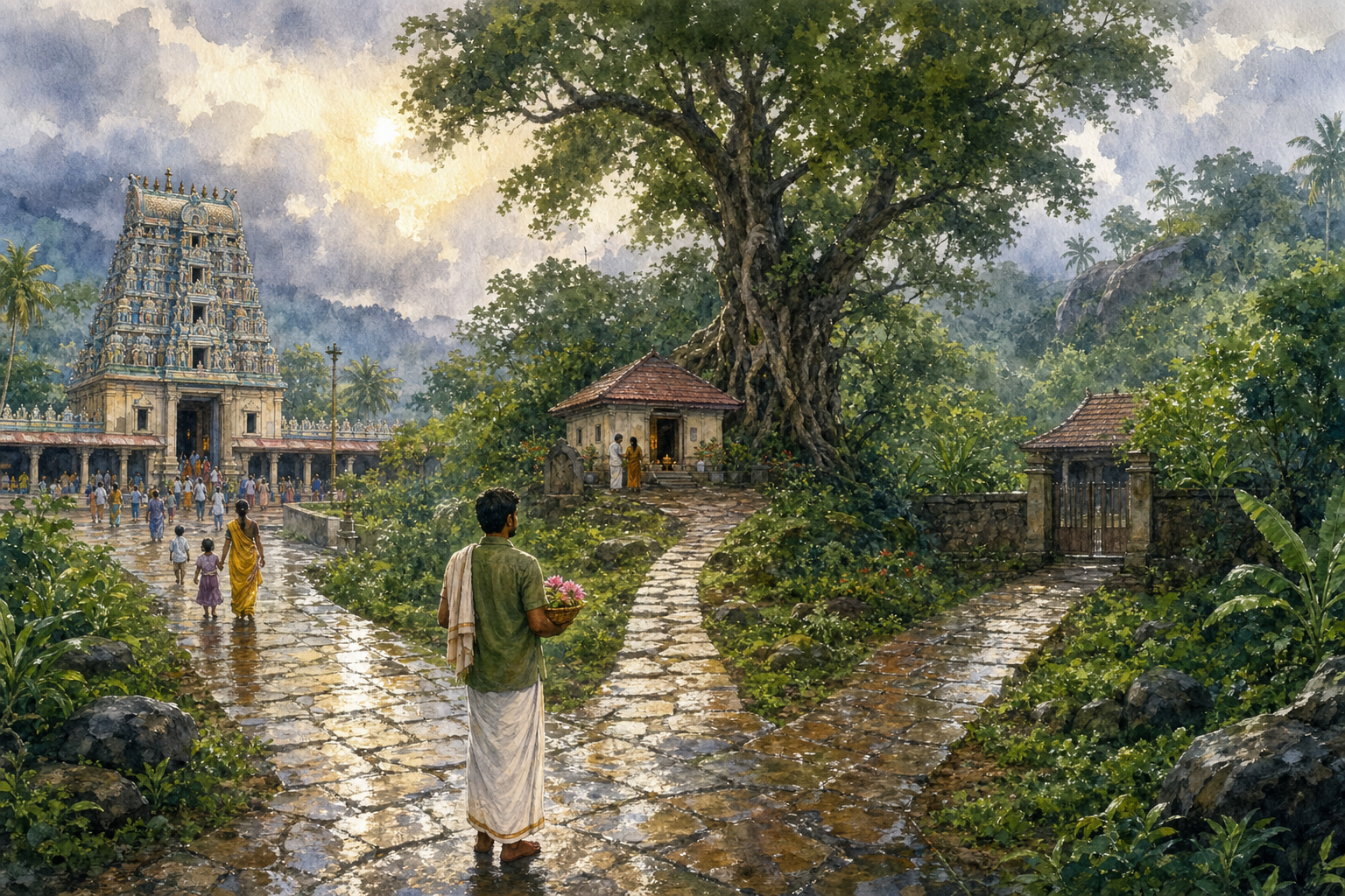A pilgrim pauses where a stone path branches toward a public temple, a village shrine and a secluded worship space in a green monsoon landscape.