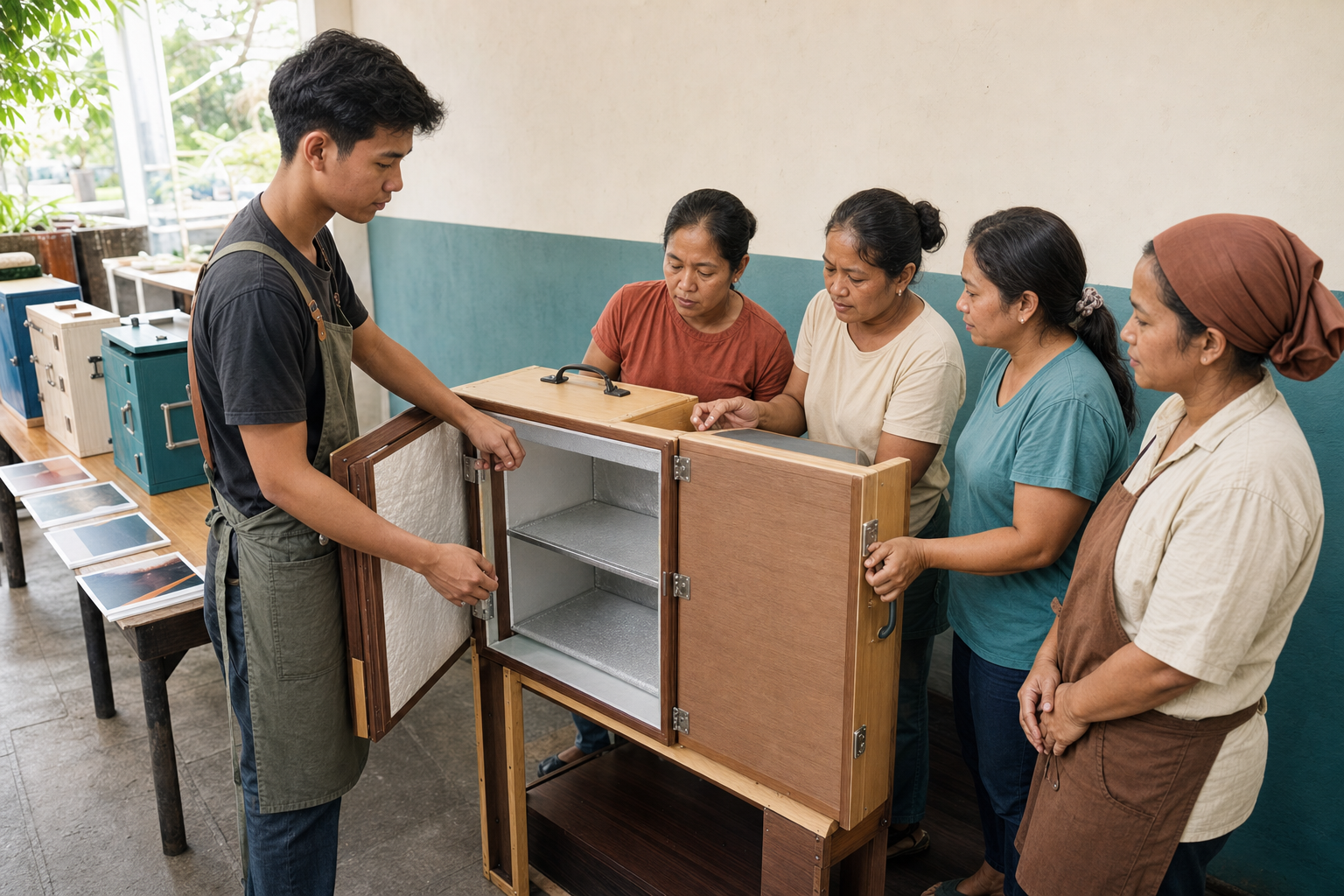 A young craftsperson demonstrates a portable insulated storage cabinet to peers and a community kitchen coordinator.