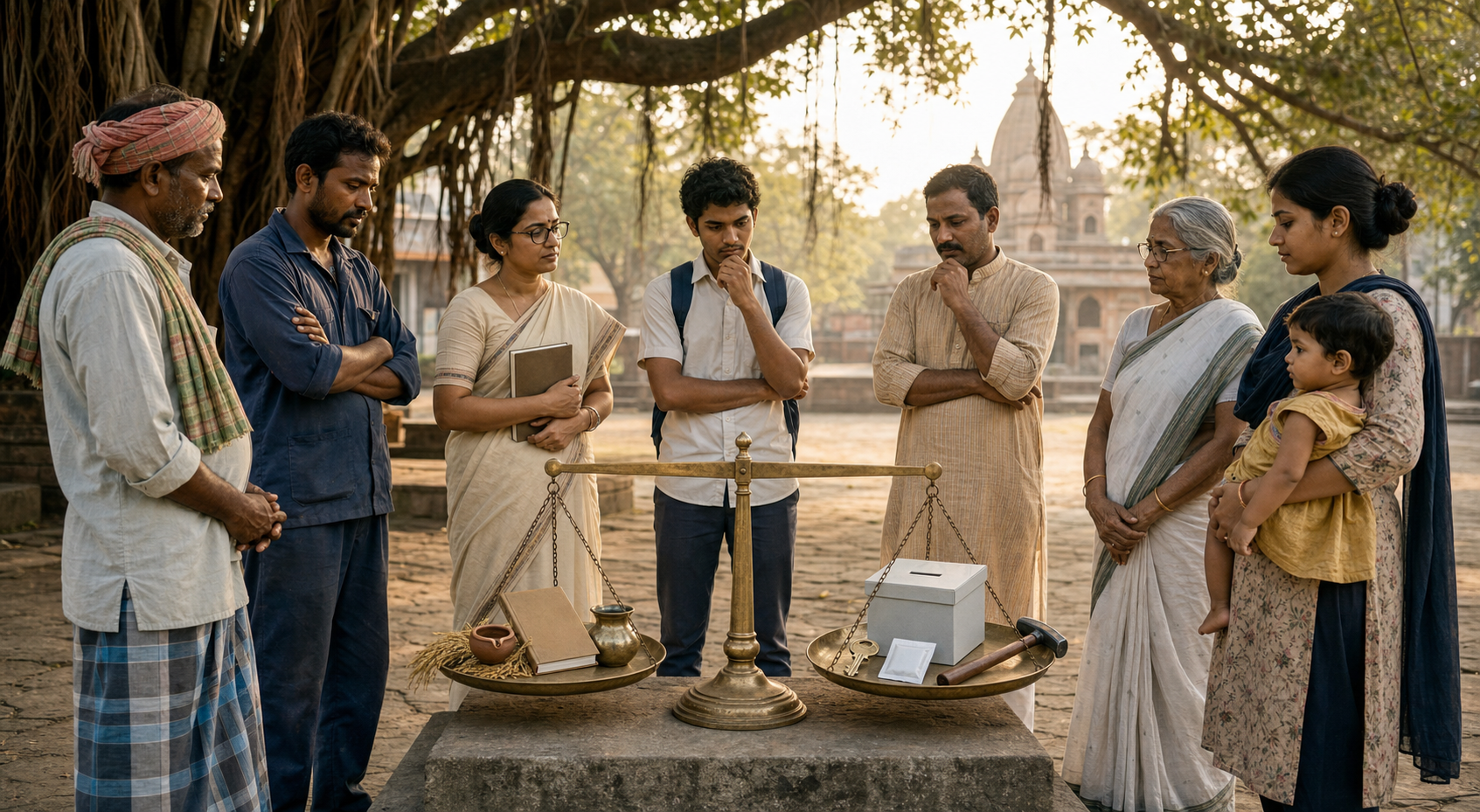 Citizens from different walks of life gather around a balanced brass scale holding symbols of public duty, voting, livelihood, health, education, food, water, and home.