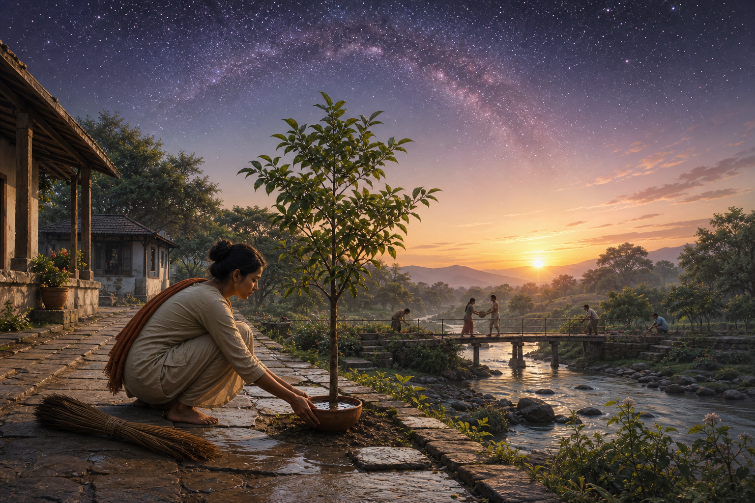 A person sweeps a riverside sanctuary path and waters a young tree beneath a fading arc of stars at sunrise.