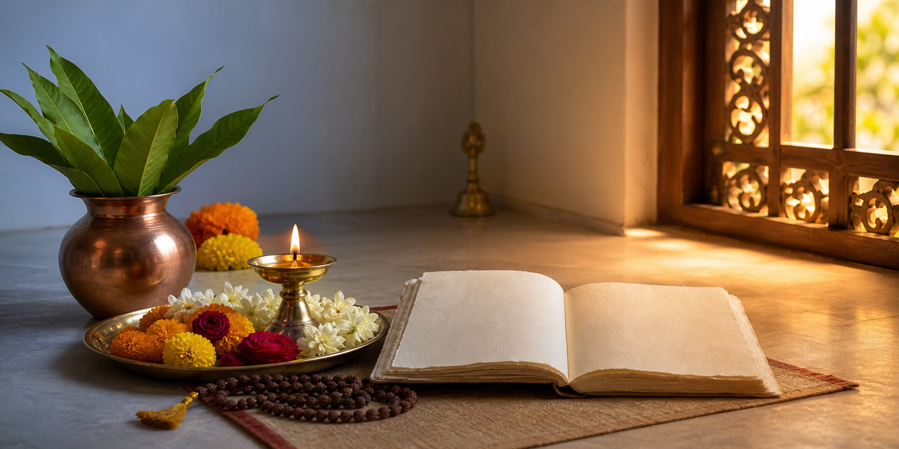 A brass oil lamp, copper ritual vessel, flowers, prayer beads, and an open blank almanac in a sunlit home puja space.
