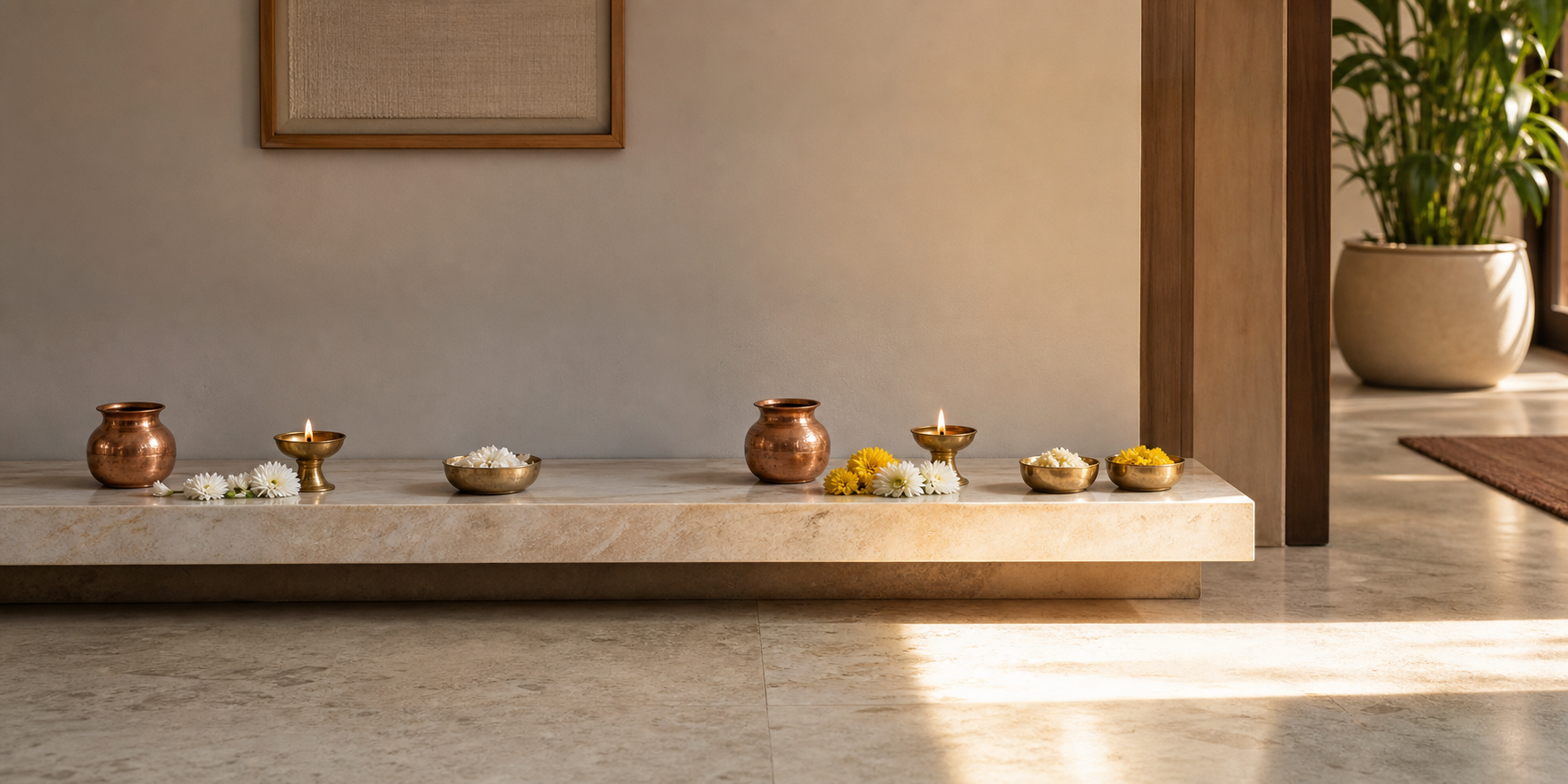 The same household altar shown in morning and afternoon light with offerings rearranged for two stages of worship.