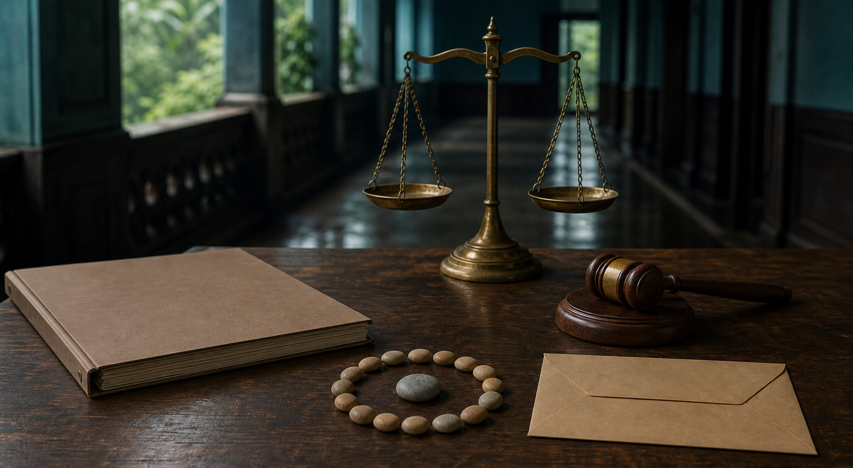An unmarked legal case folder, sealed evidence envelope, brass scales, and a protective circle around a small stone on a courthouse desk.