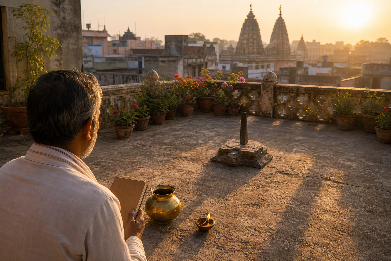 A person observes sunrise and a long shadow marker in an Indian courtyard beside a brass vessel and oil lamp.
