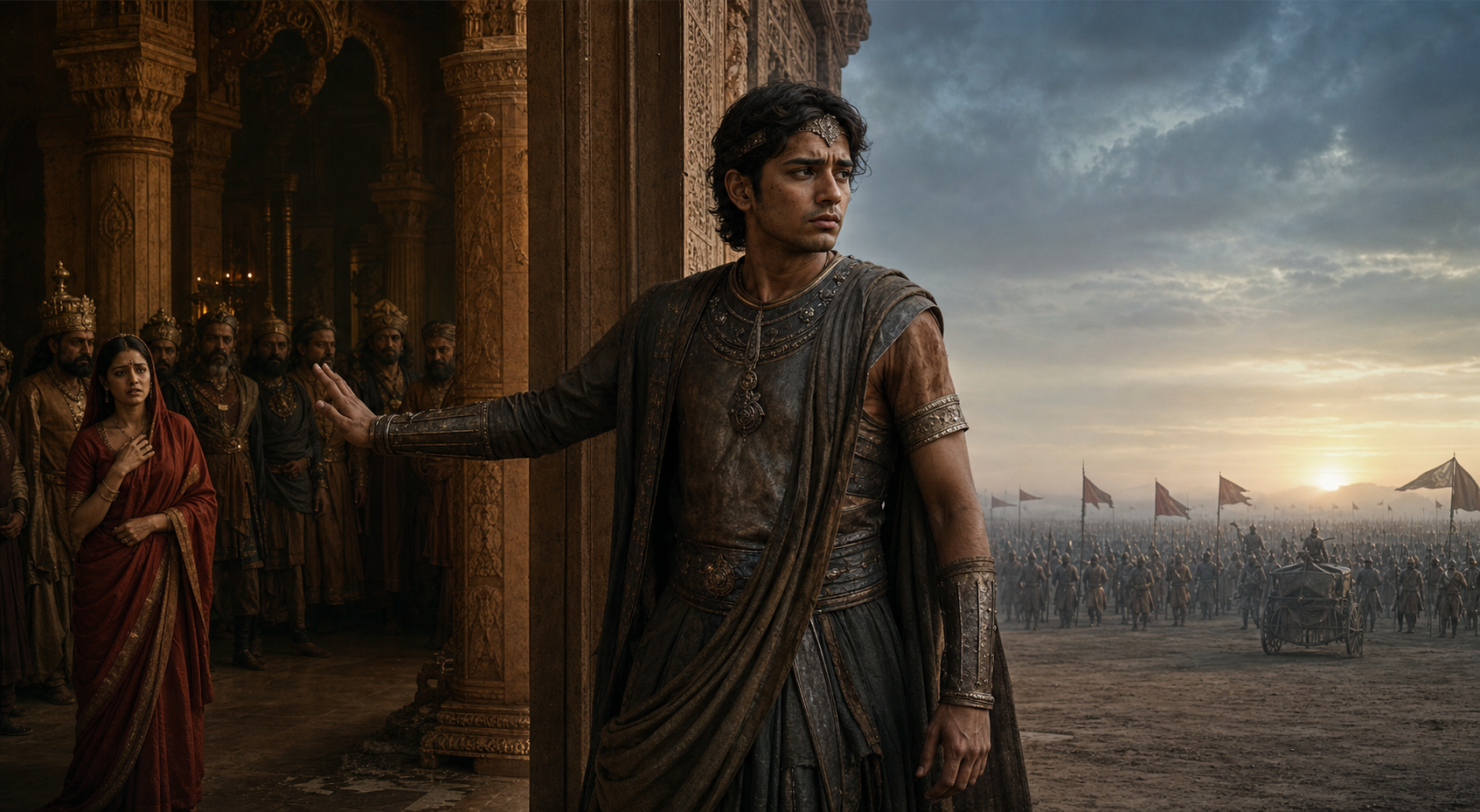 Vikarna stands between a royal assembly hall and the battlefield of Kurukshetra, raising one hand toward the hall while turning toward the army.