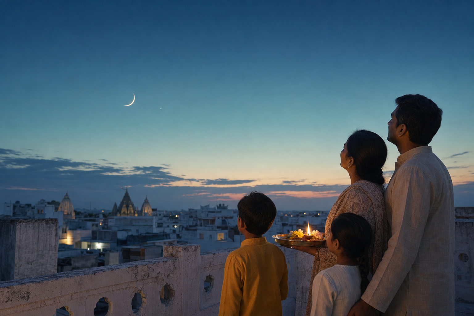 A family on a rooftop observes a thin crescent moon at twilight while one person holds a brass tray with a lamp and flowers.