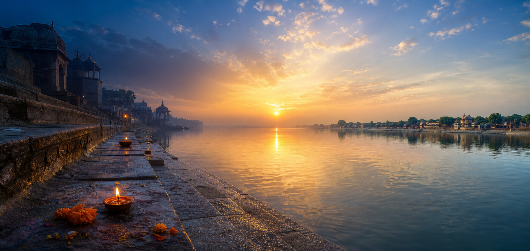 A riverside ghat transitions from predawn blue to golden sunrise, with small lamps and flower offerings on the steps.