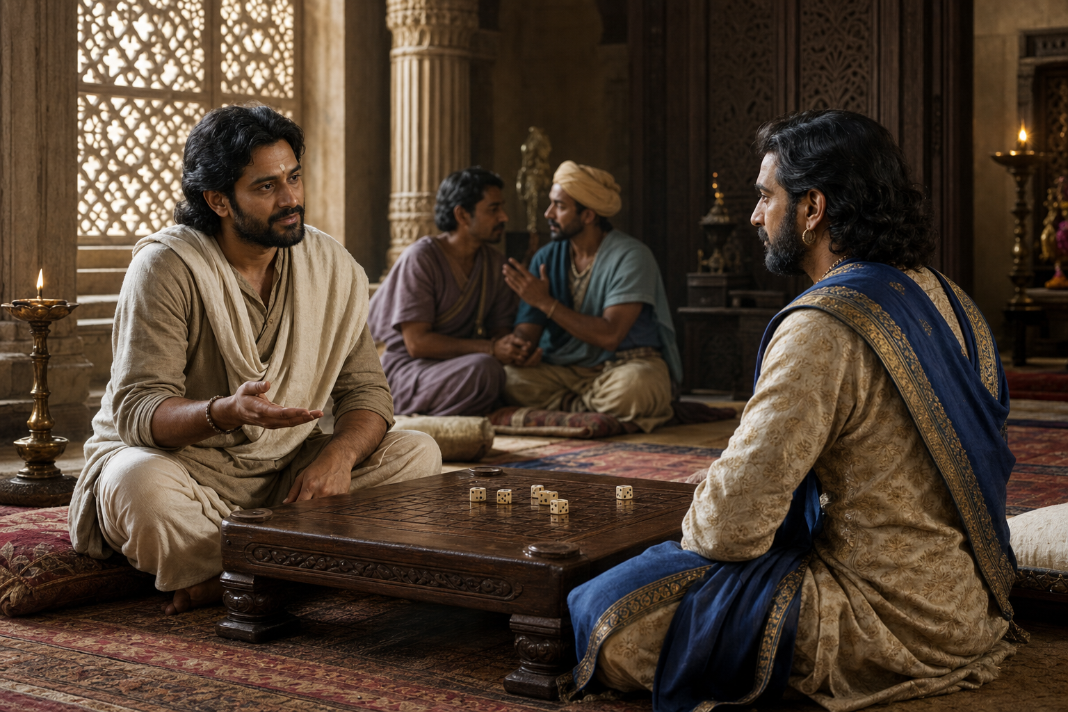 Kanka calmly explains a dice move to King Virata at a low table while palace attendants stand in the background.