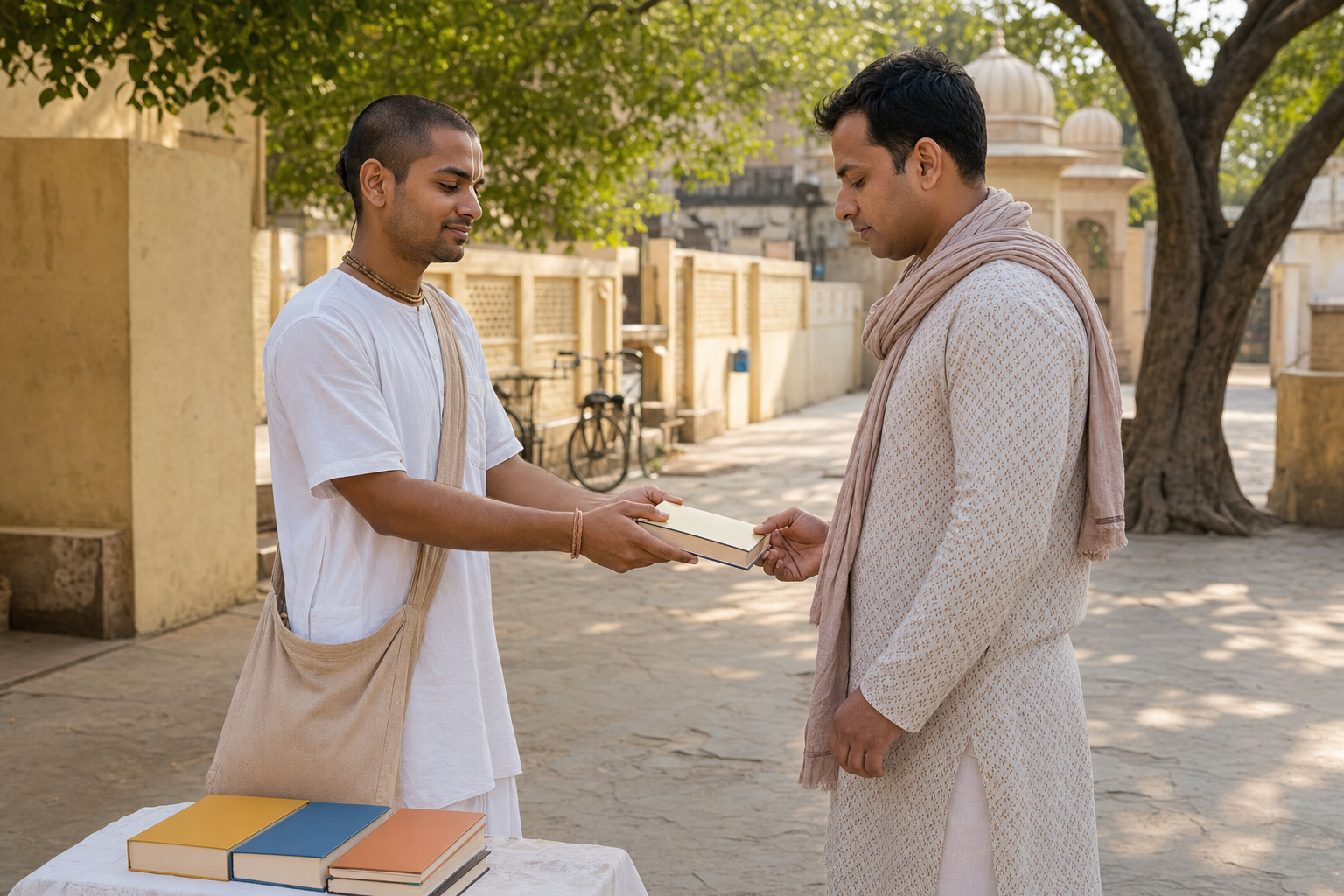 A Vaishnava volunteer respectfully offers a small book to an adult pilgrim in a quiet, sunlit Vrindavan courtyard.