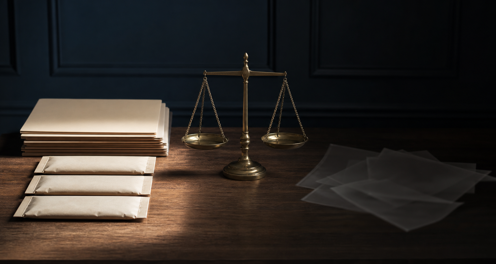 Sealed evidence packets and orderly folders sit opposite indistinct loose papers, with balanced scales between them.