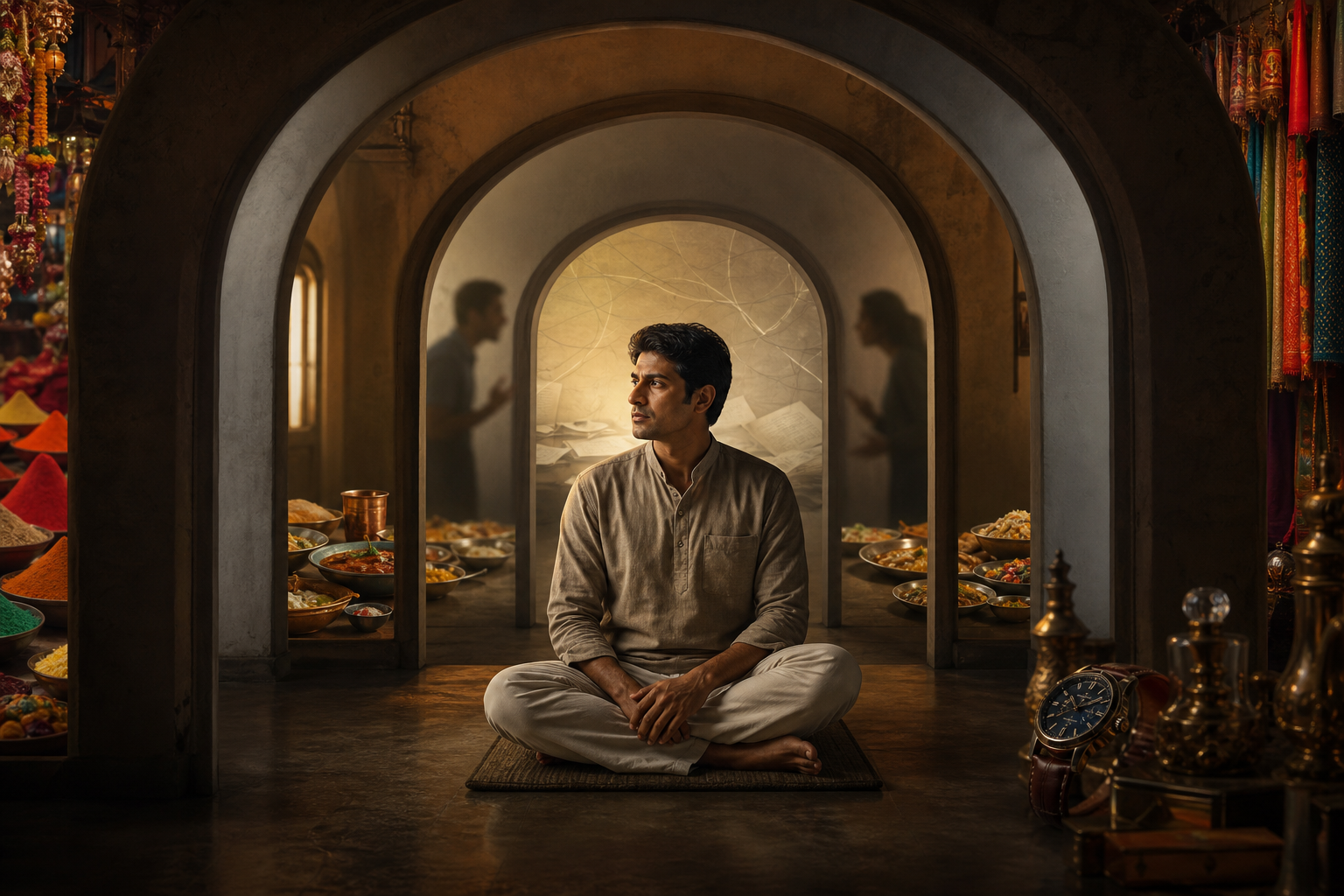A calm seated person is surrounded by four receding archways containing market objects, food, an argument, and drifting papers.