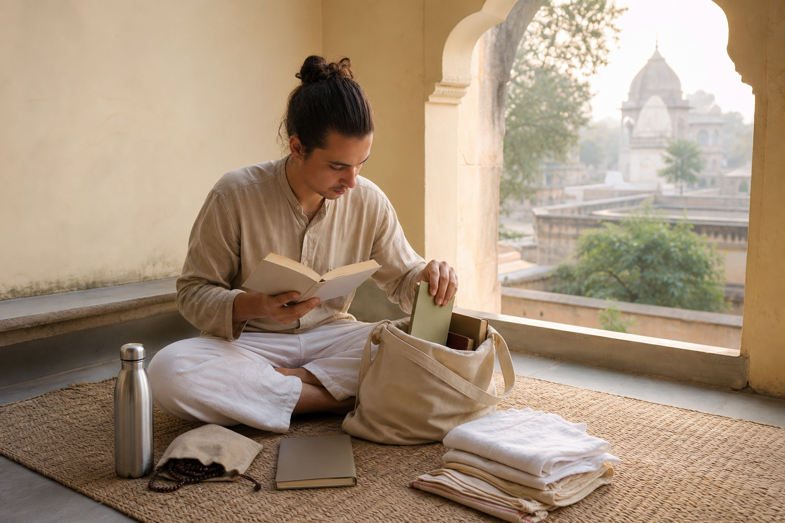 A volunteer studies an open book and organizes several books in a cloth bag on a shaded veranda.