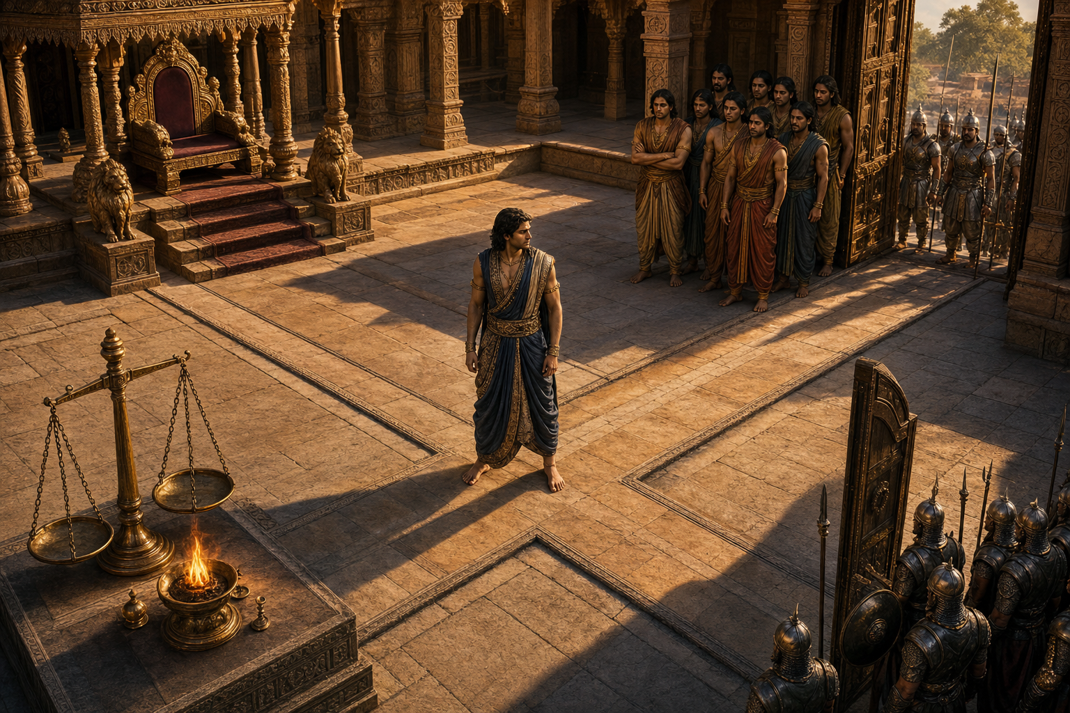 Vikarna stands at a four-way palace crossroads facing a throne, his brothers, a balance beside a flame, and a formation of warriors.