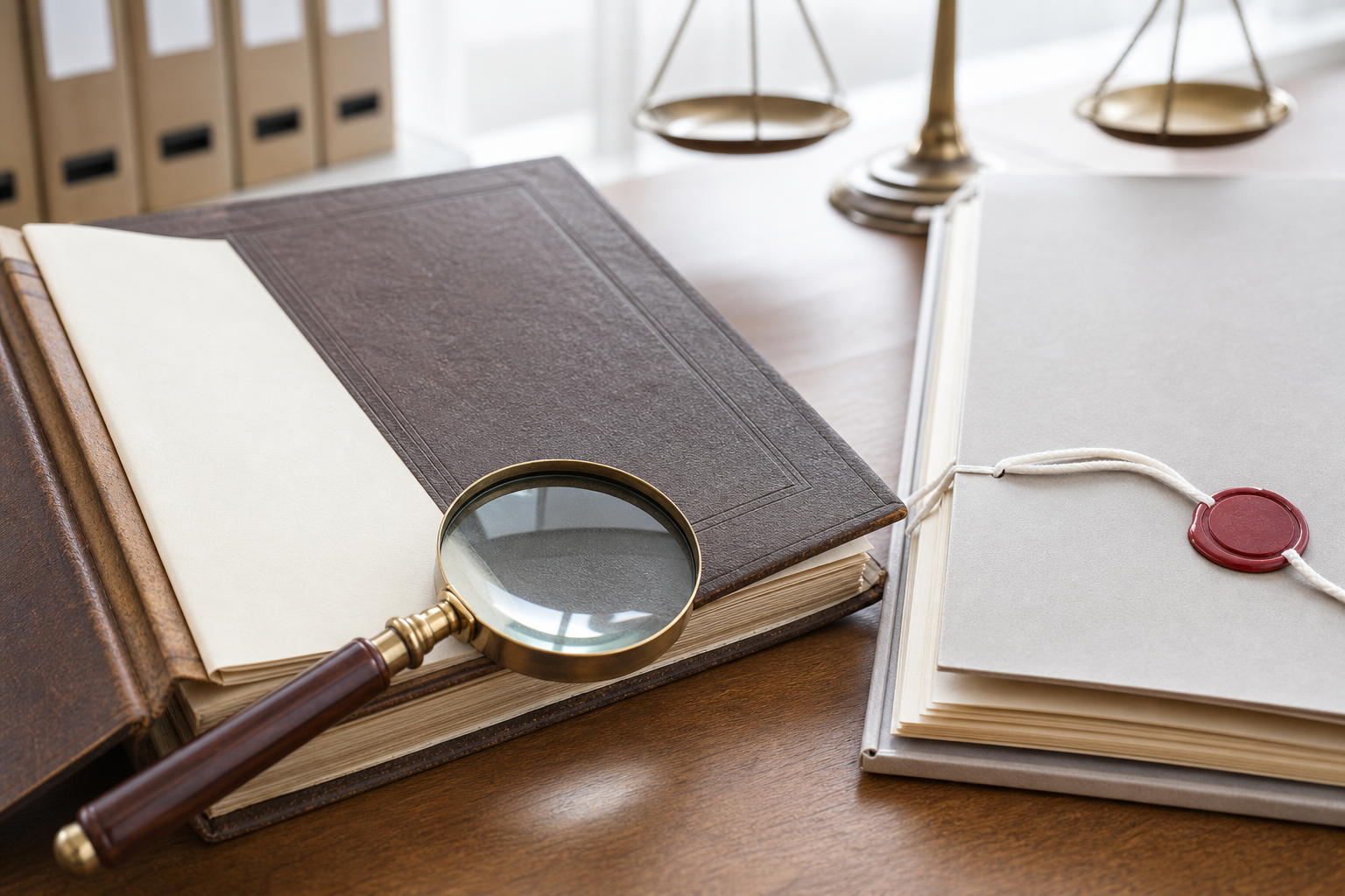 A magnifying glass rests beside a civil registry volume and sealed records folder with blank pages in an evidence-focused setting.