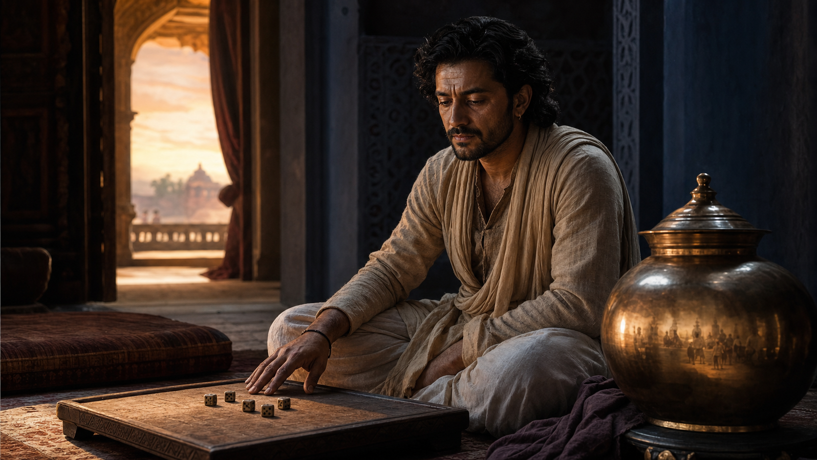Yudhishthira sits alone before a dice board at dusk, looking thoughtfully at the dice while light and shadow divide the chamber.