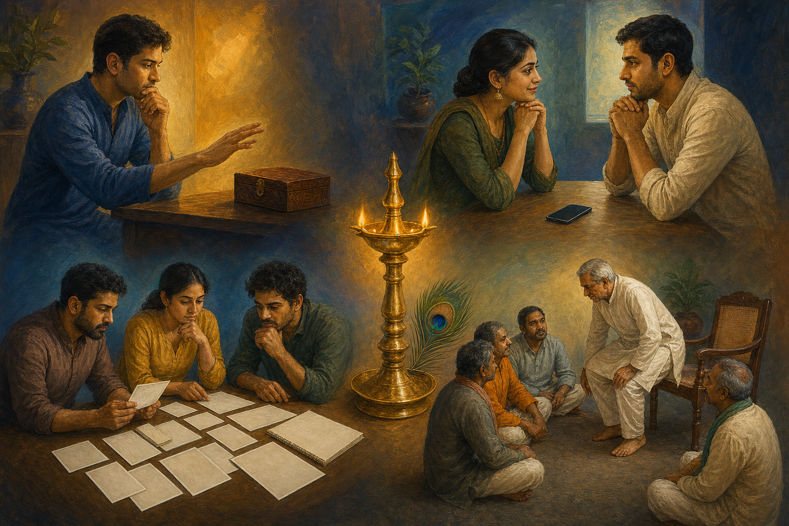 Four connected scenes show restraint, attentive listening, careful examination of evidence and a leader sitting at the same level as a community group.