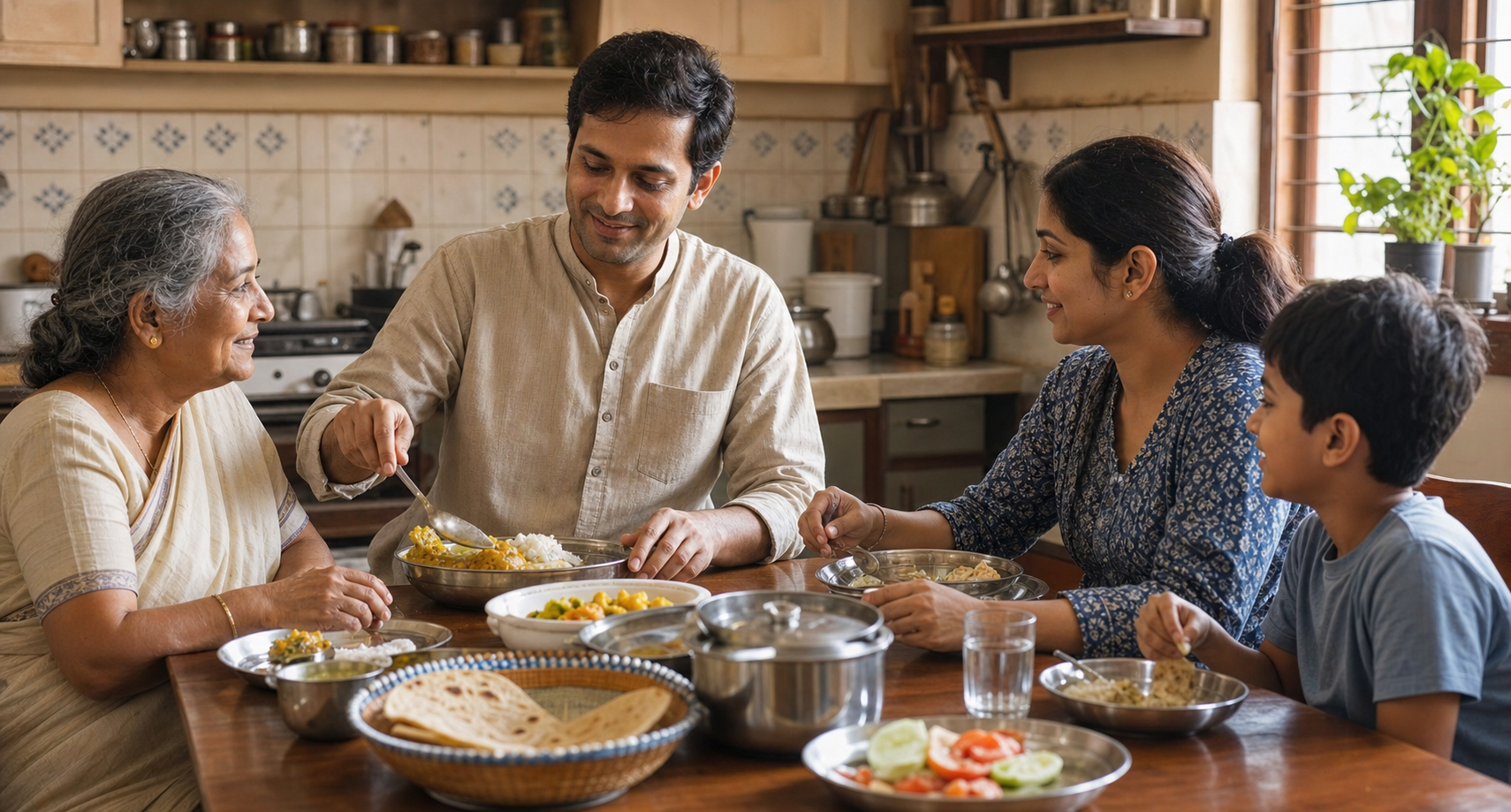 An adult serves a full breakfast to family members while keeping a smaller plain portion for themself in a sunlit kitchen.