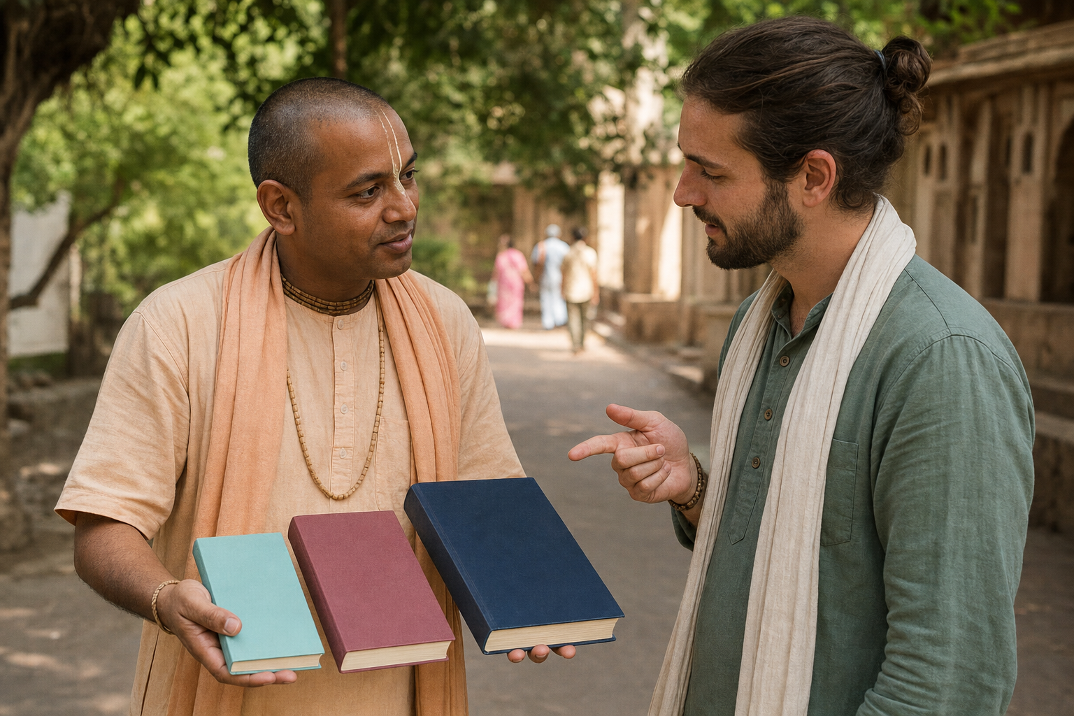 A volunteer shows three differently sized books while an adult visitor indicates the smallest option on a shaded Vrindavan walkway.